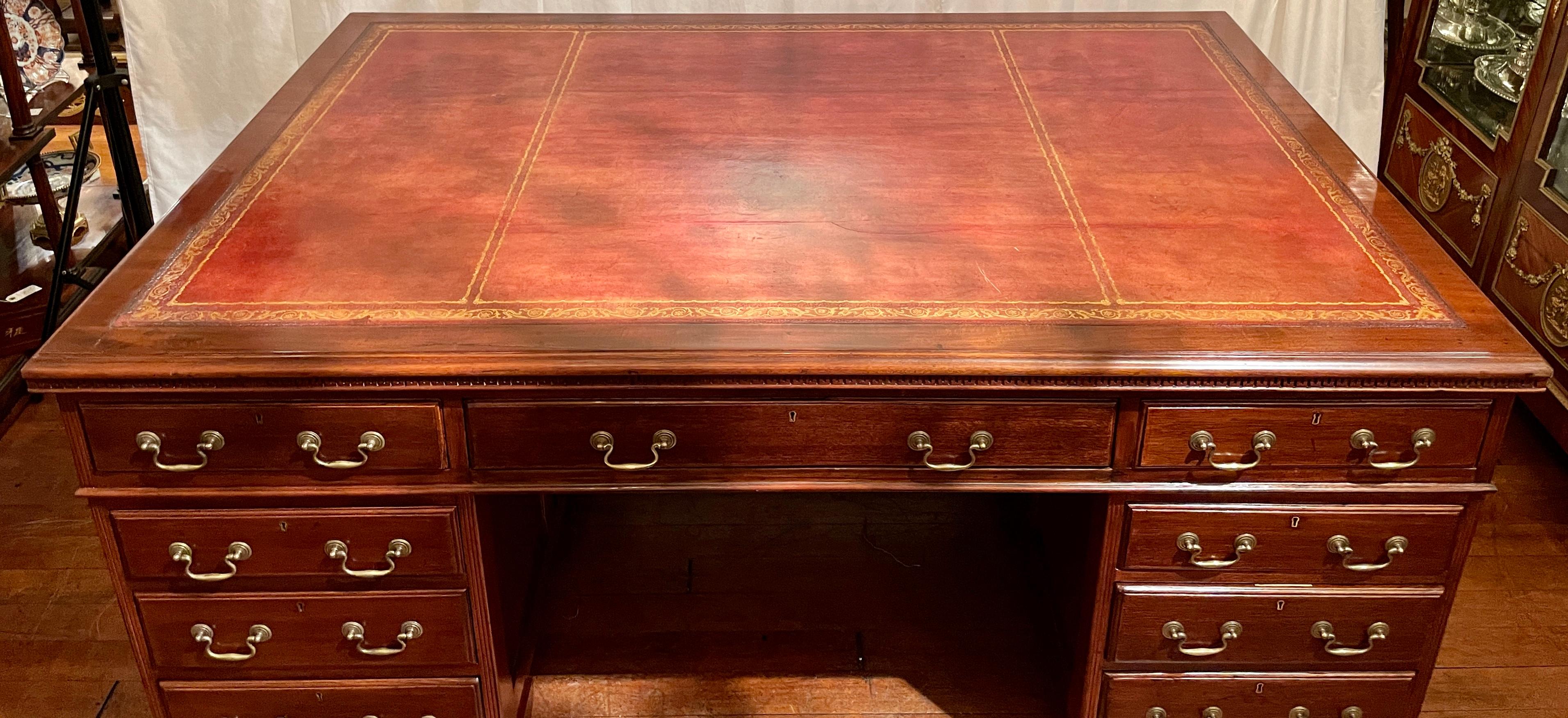 Antique English Mahogany Partner's Desk with Leather Top, Circa 1880. For Sale 2