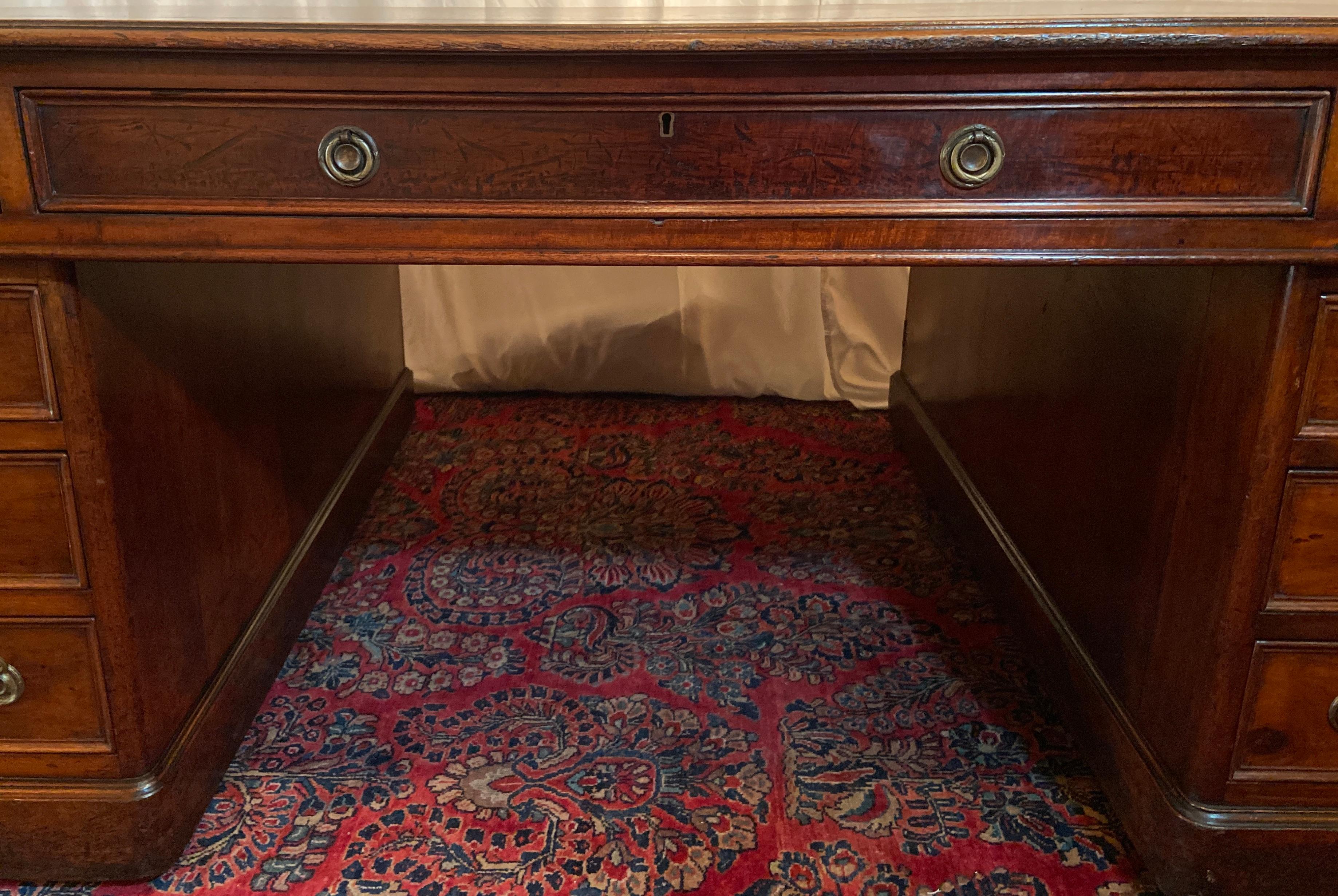 Leather Antique English Mahogany Partner's Desk, Circa 1900