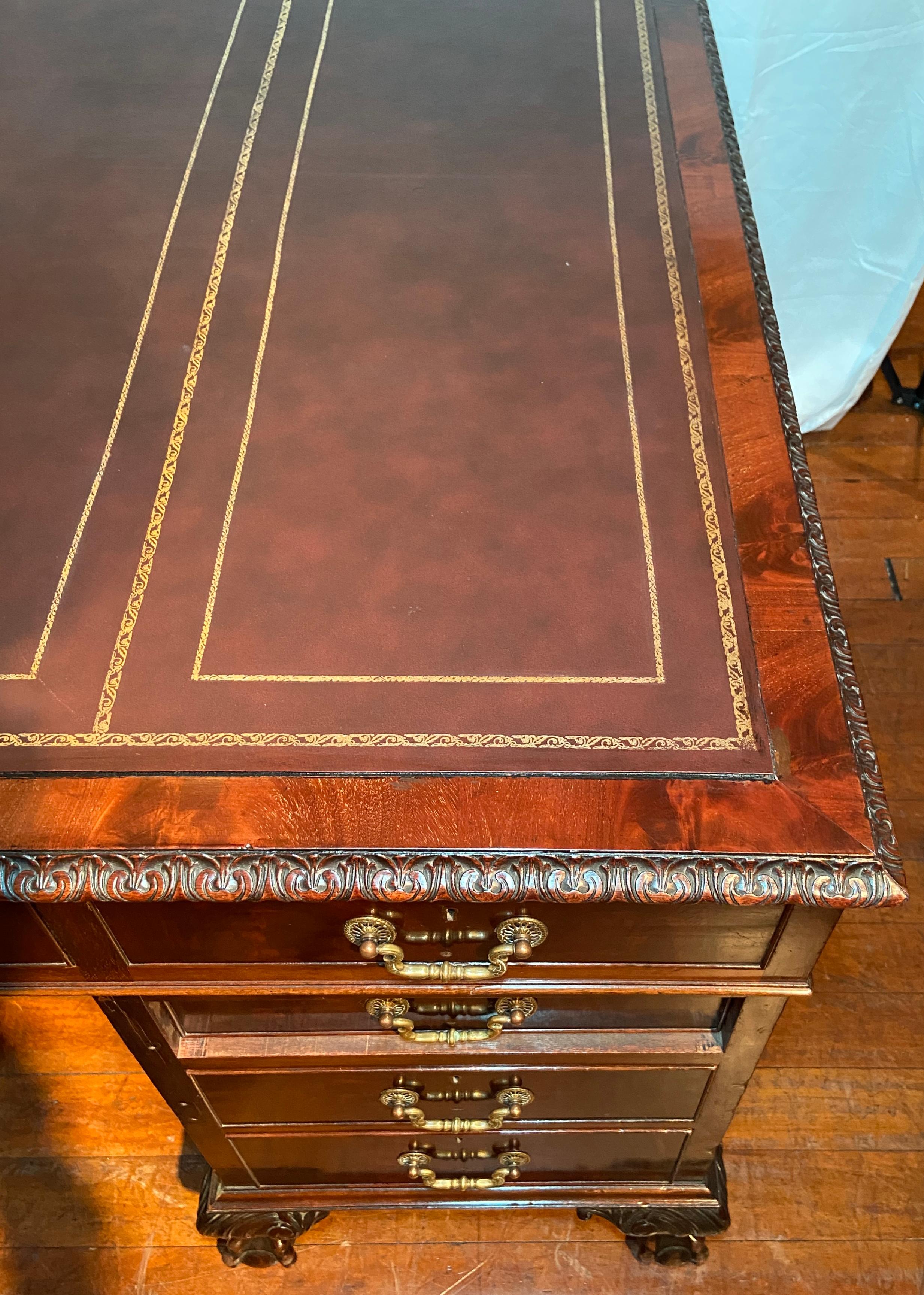 Antique English Mahogany Partner's Desk with Gadroon Border and New Leather In Good Condition In New Orleans, LA