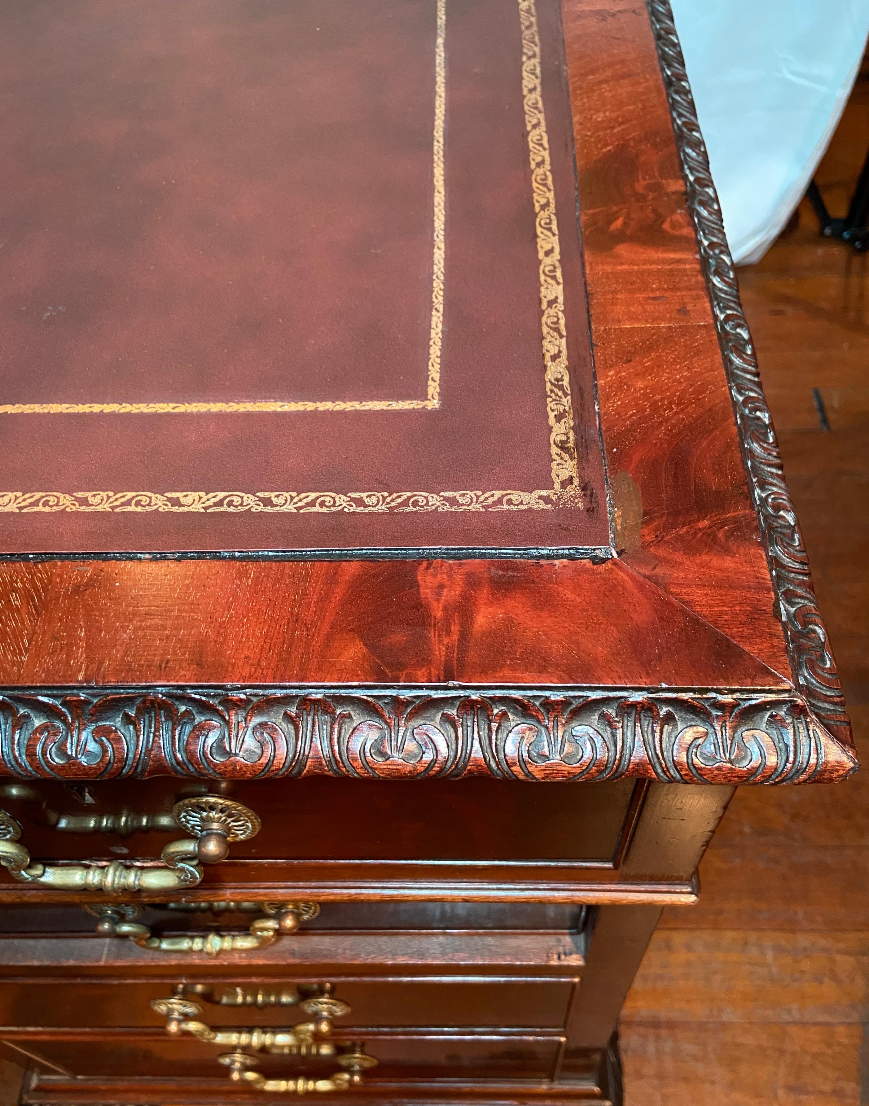 19th Century Antique English Mahogany Partner's Desk with Gadroon Border and New Leather