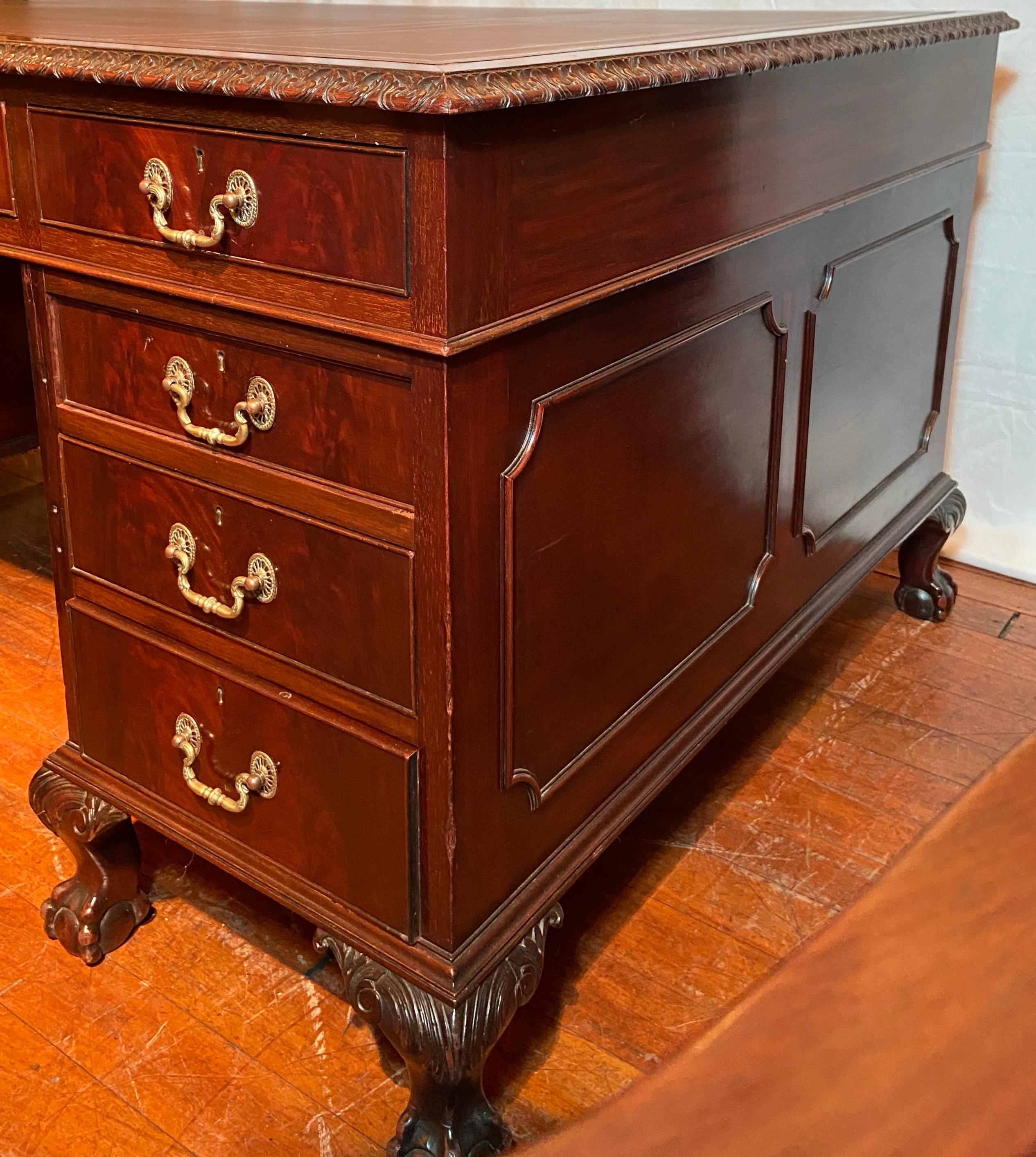 Antique English Mahogany Partner's Desk with Gadroon Border and New Leather 3