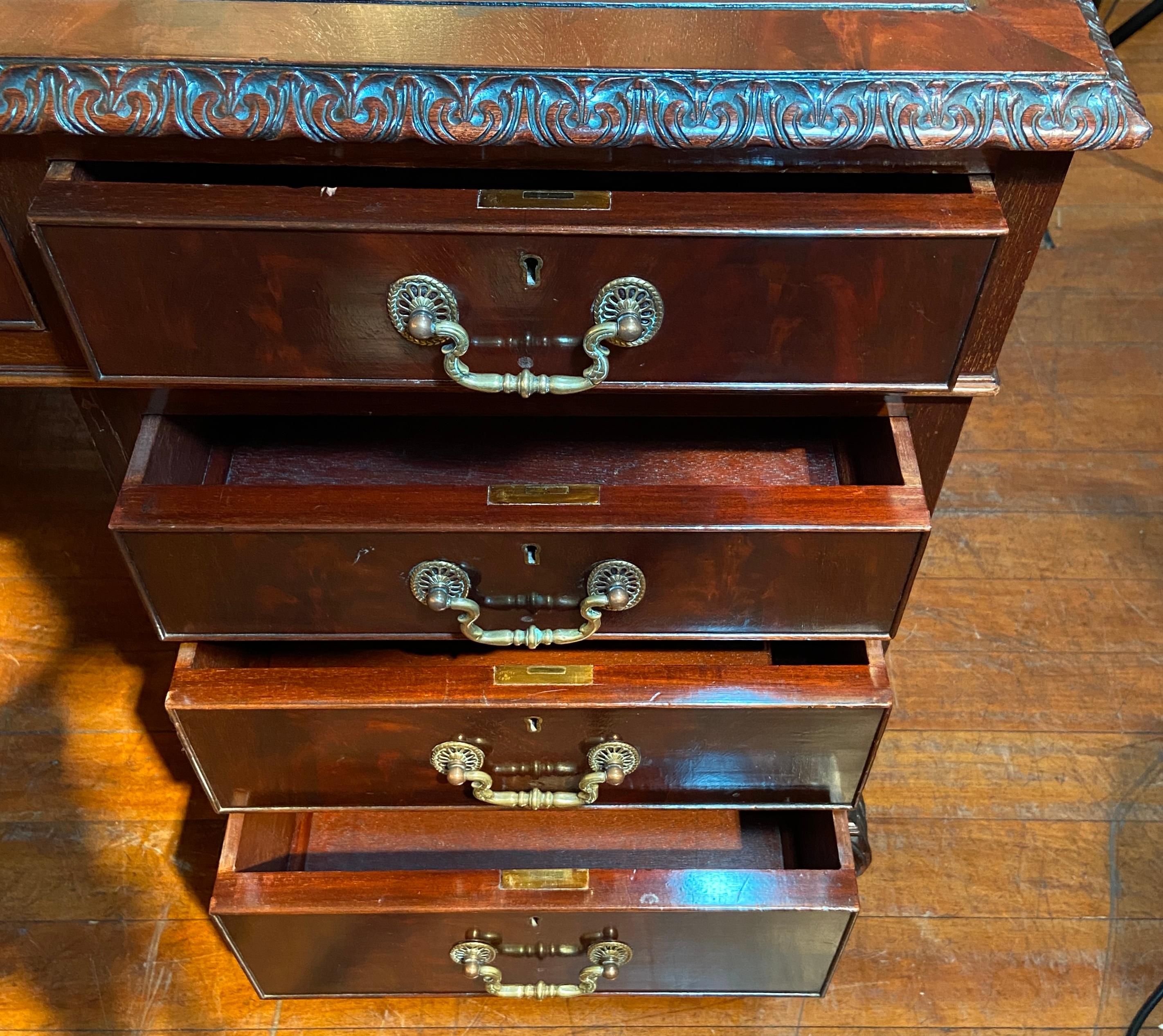 Antique English Mahogany Partner's Desk with Gadroon Border and New Leather 4