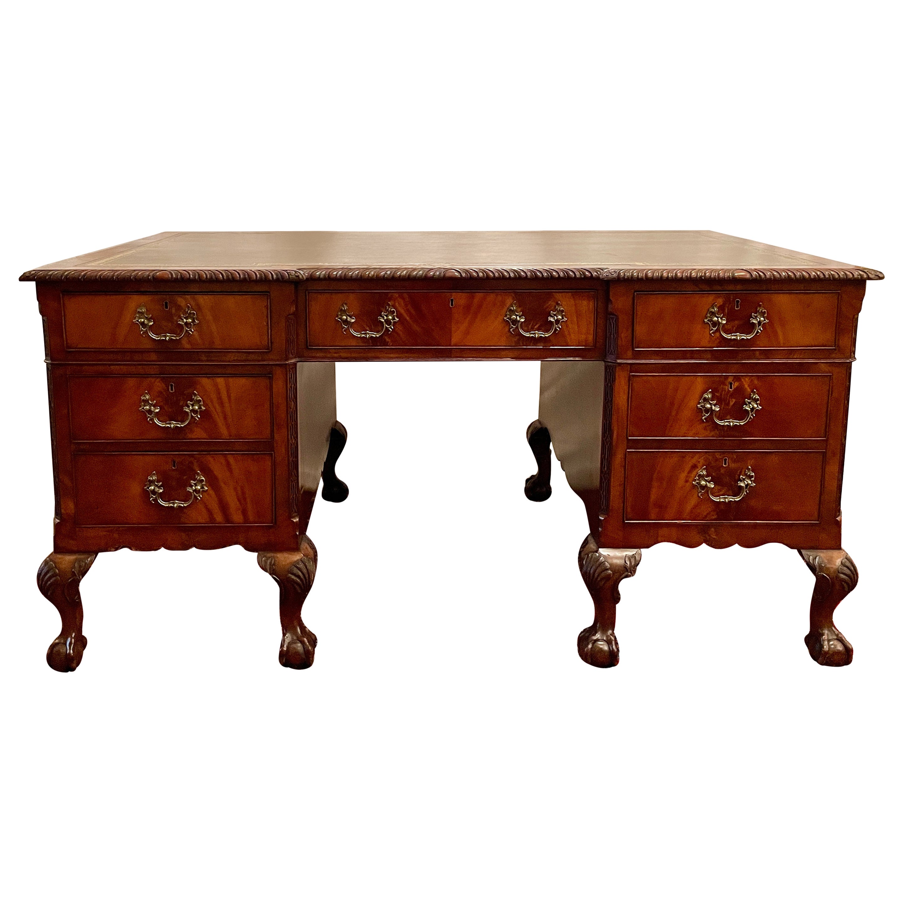 Antique English Mahogany Partner's Desk with New Leather, Circa 1865-1885. For Sale