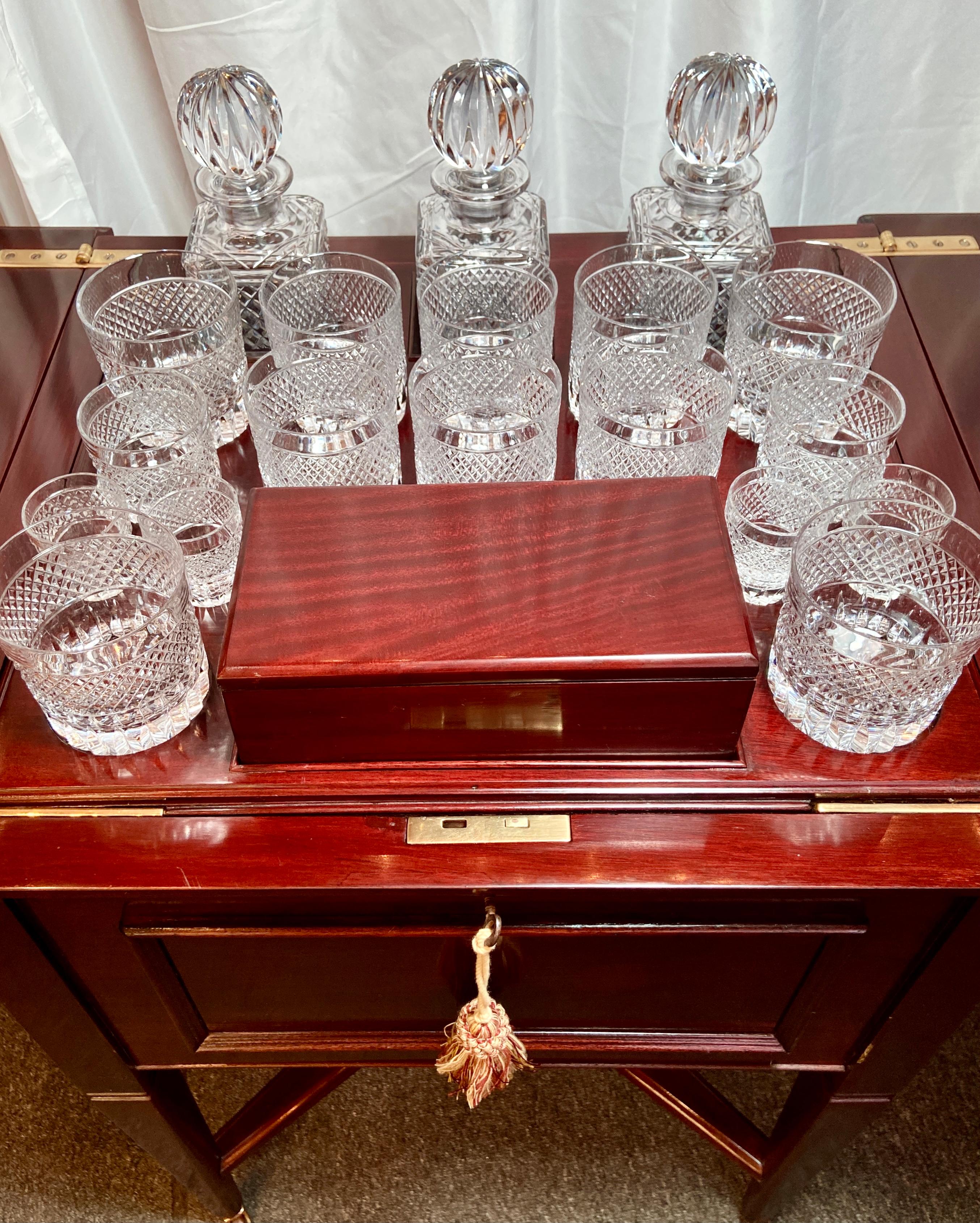 Antique English Mahogany Pop-Up Bar with Original Crystal Barware, Circa 1890's In Good Condition In New Orleans, LA