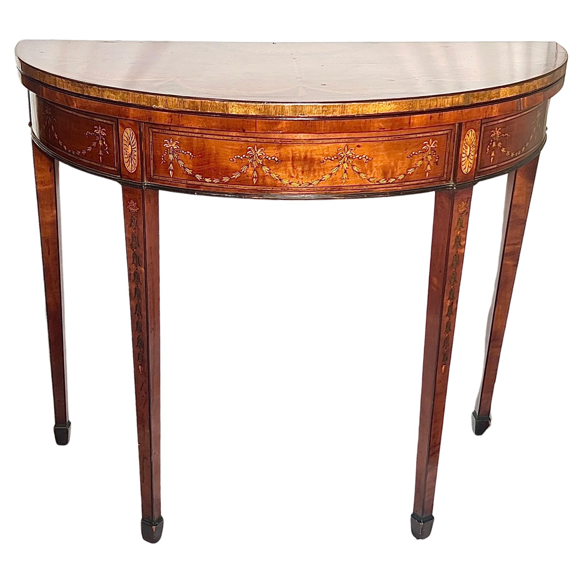 Antique English Mahogany & Satinwood Demi-lune Console Games Table, Circa 1890. For Sale