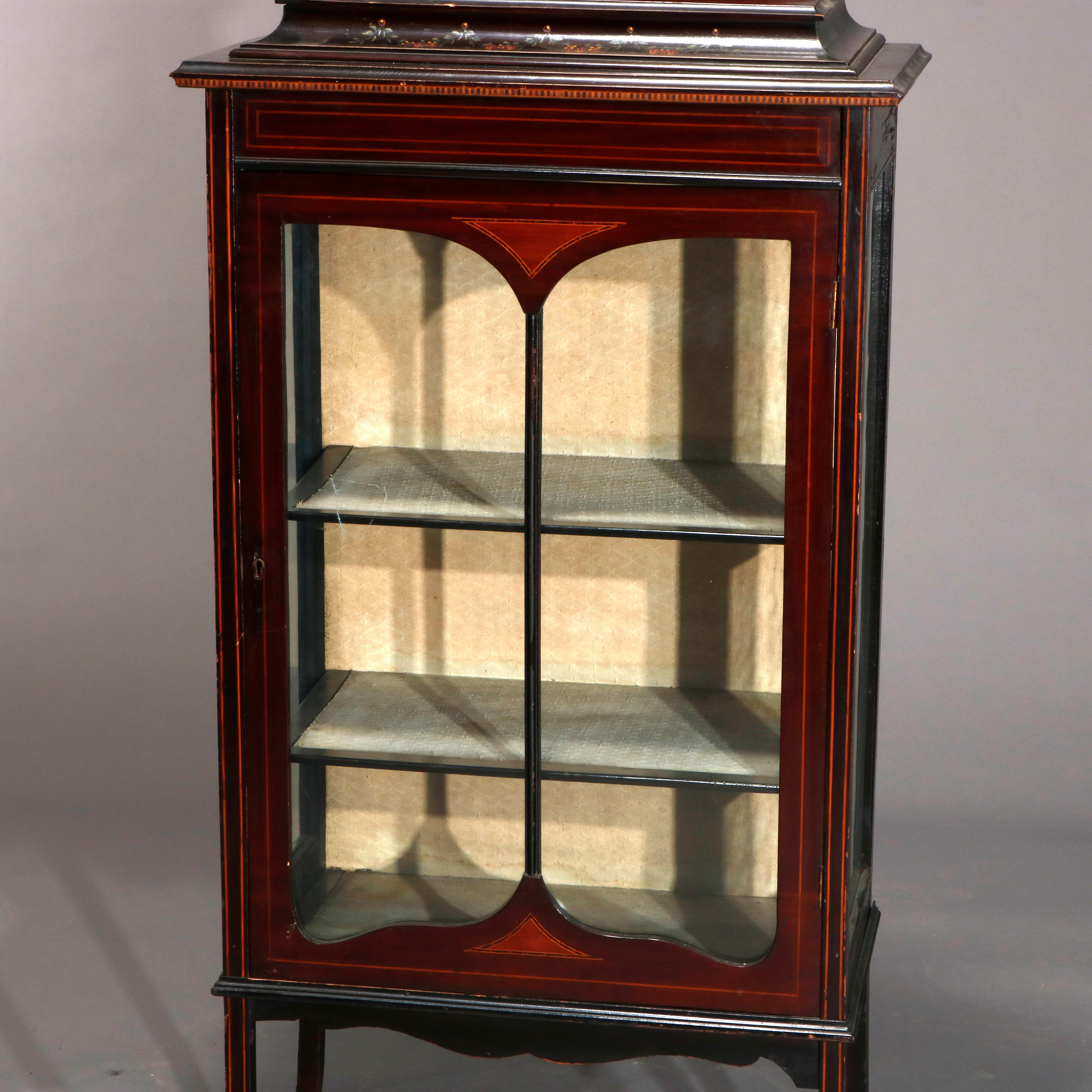 Carved Antique English Mahogany and Satinwood Inlaid Petite Curio Display Vitrine