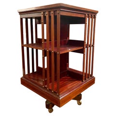 Antique English Mahogany & Satinwood Revolving Bookcase on Casters, Circa 1880's