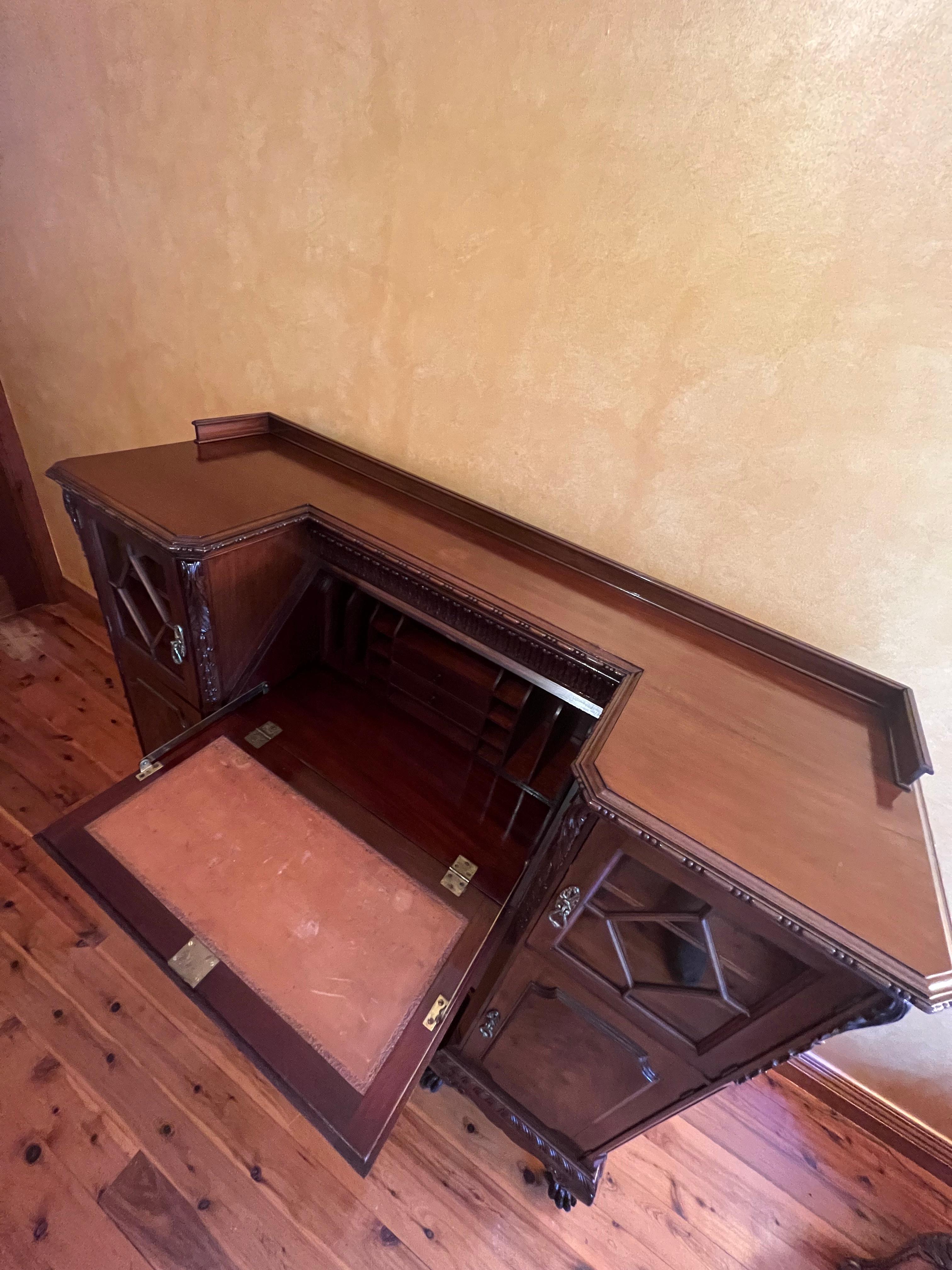 Leather Antique English Mahogany Secretair Bureau Desk With Cabinets For Sale