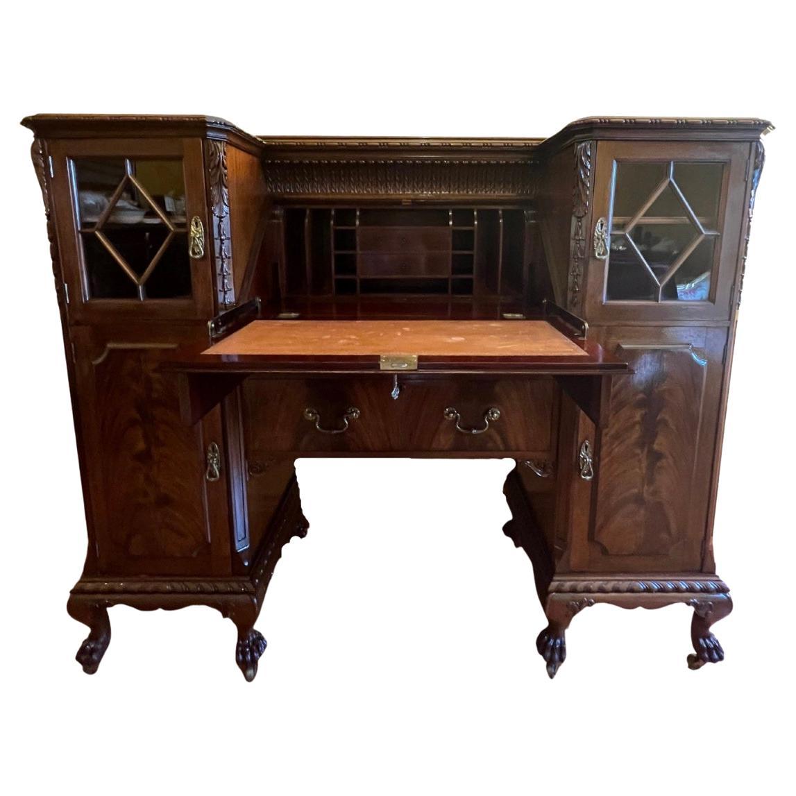 Antique English Mahogany Secretair Bureau Desk With Cabinets For Sale