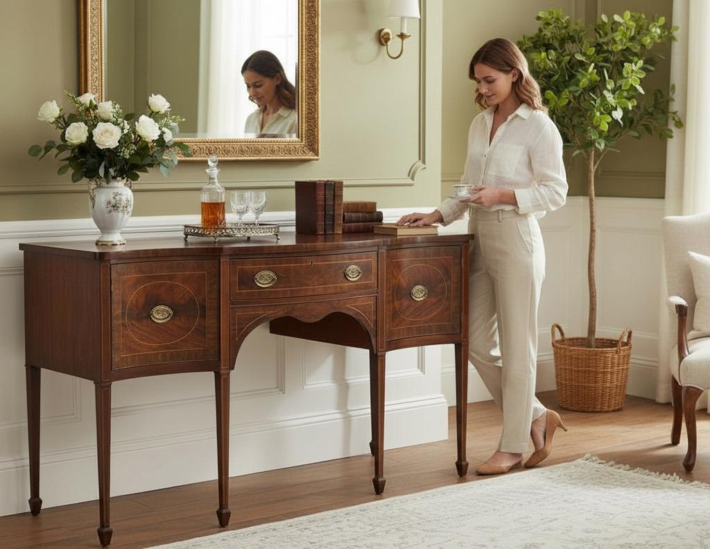 This antique English mahogany sideboard buffet, crafted in England circa 1950’s, embodies the elegance of traditional Edwardian styling. The rich mahogany is beautifully accented with fine inlaid designs and complemented by classic oval brass