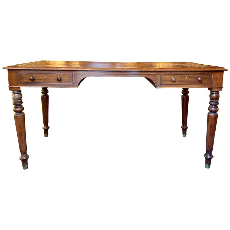 Antique English Mahogany Table Desk Circa 1890 With Leather Inlay