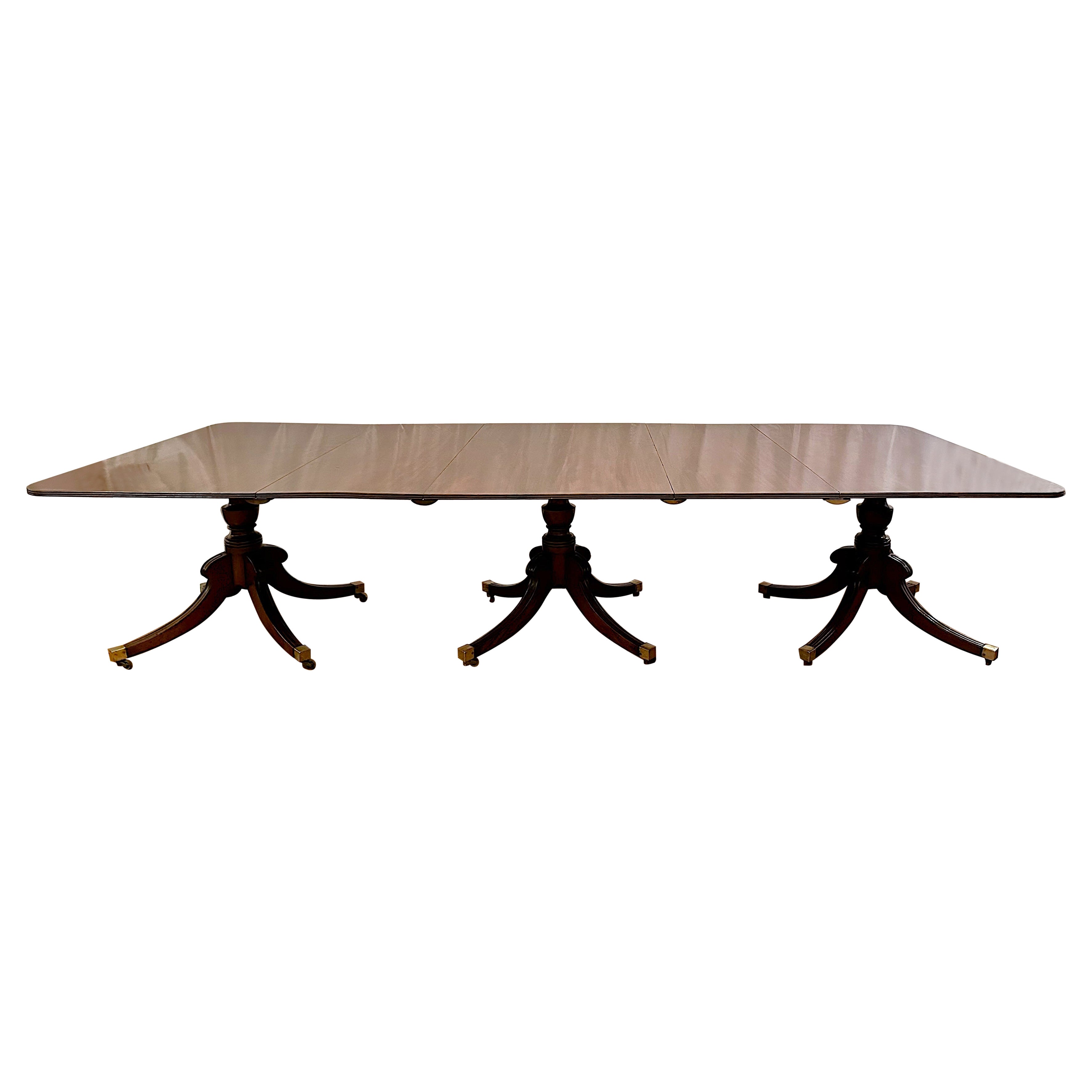 Antique English Mahogany Three Pedestal Dining Table, Circa 1880-1900.
