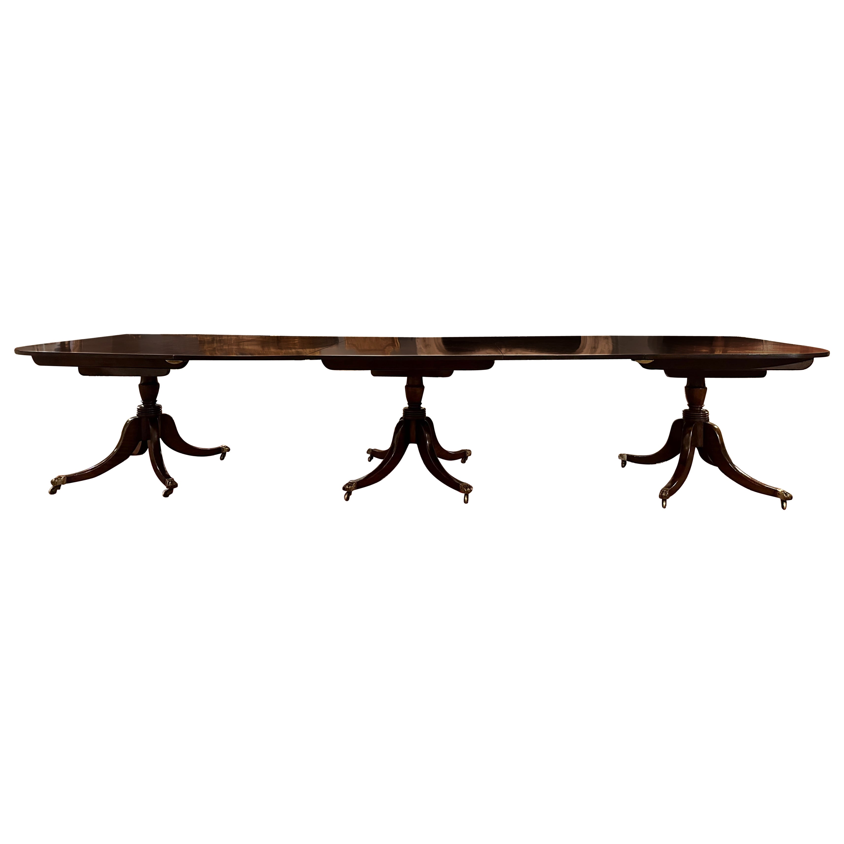 Antique English Mahogany Three Pedestal Dining Table, Circa 1890.