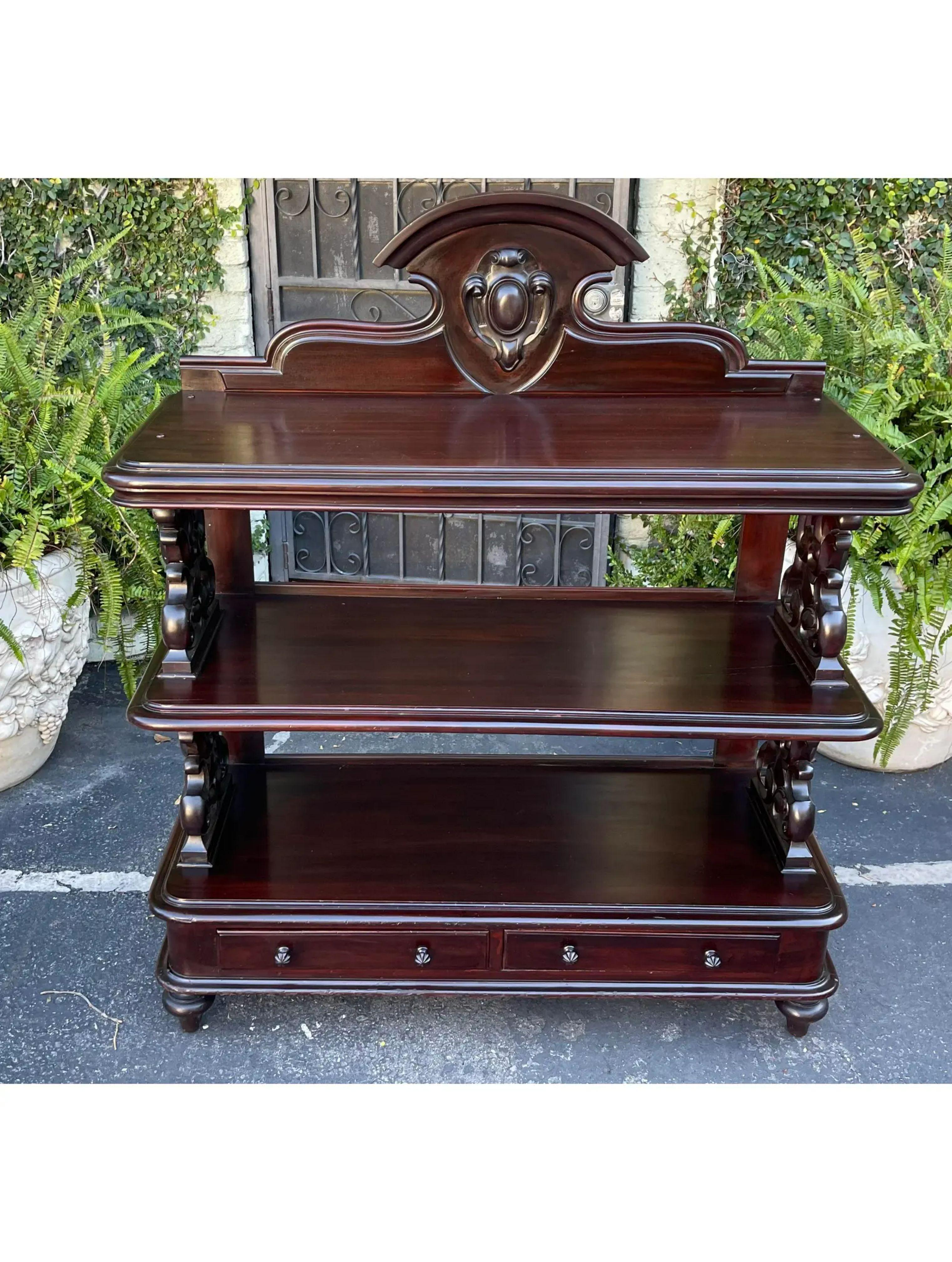 Antique English mahogany three tier sideboard server

Additional information: 
Materials: mahogany
Please note that this item contains materials that are legally subject to a special export process that may extend the delivery time an additional