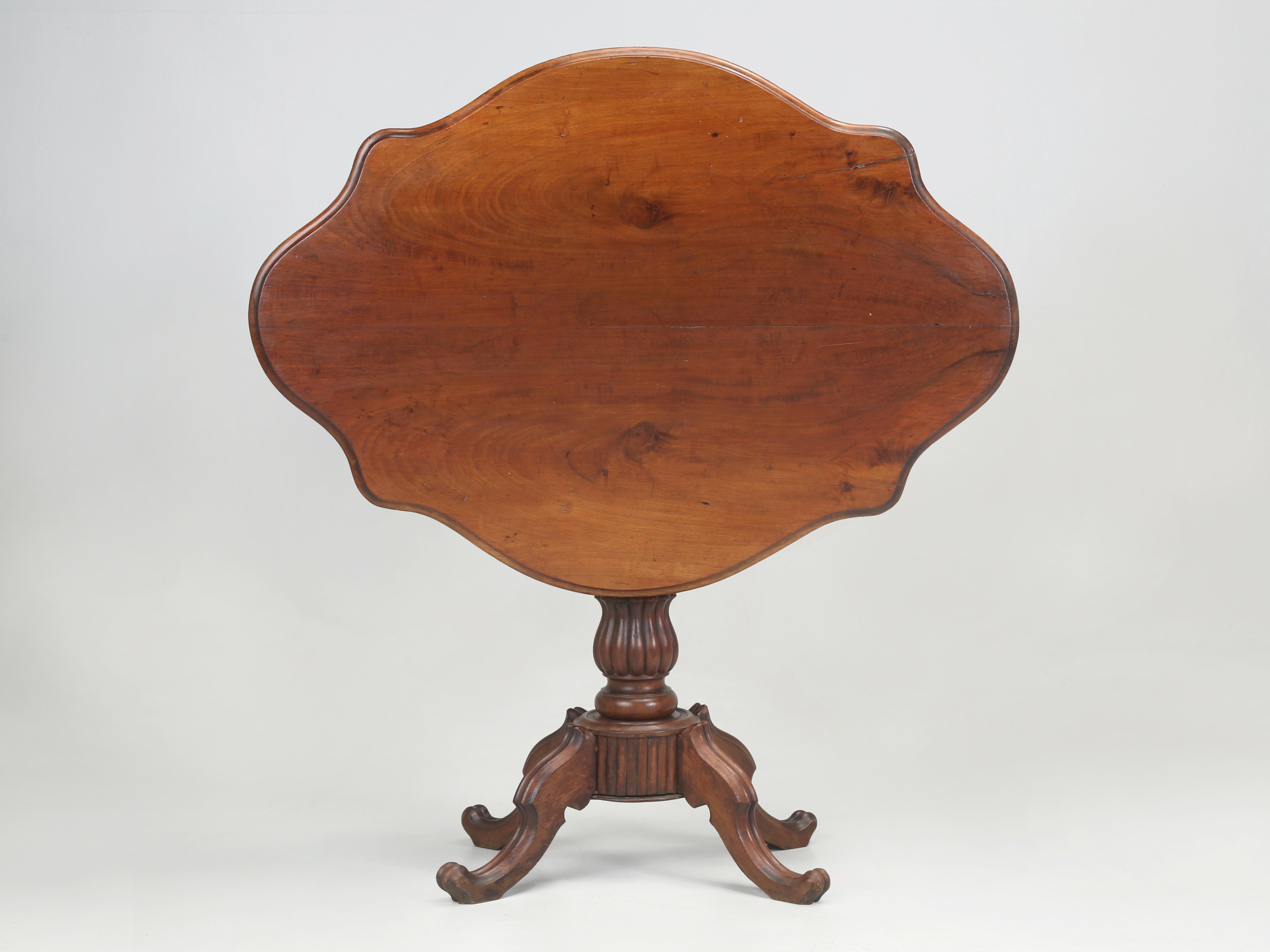 Antique English Solid Mahogany Turtle Top Tilt Table, that our Old Plank workshop carefully restored without disturbing any of the beautiful original patina, that is virtually impossible to replace. Typically we would probably not have this style to
