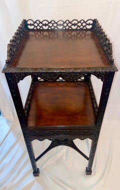 Antique English Mahogany Two-Tier Chippendale Tea Table w/ Fretwork, Circa 1880