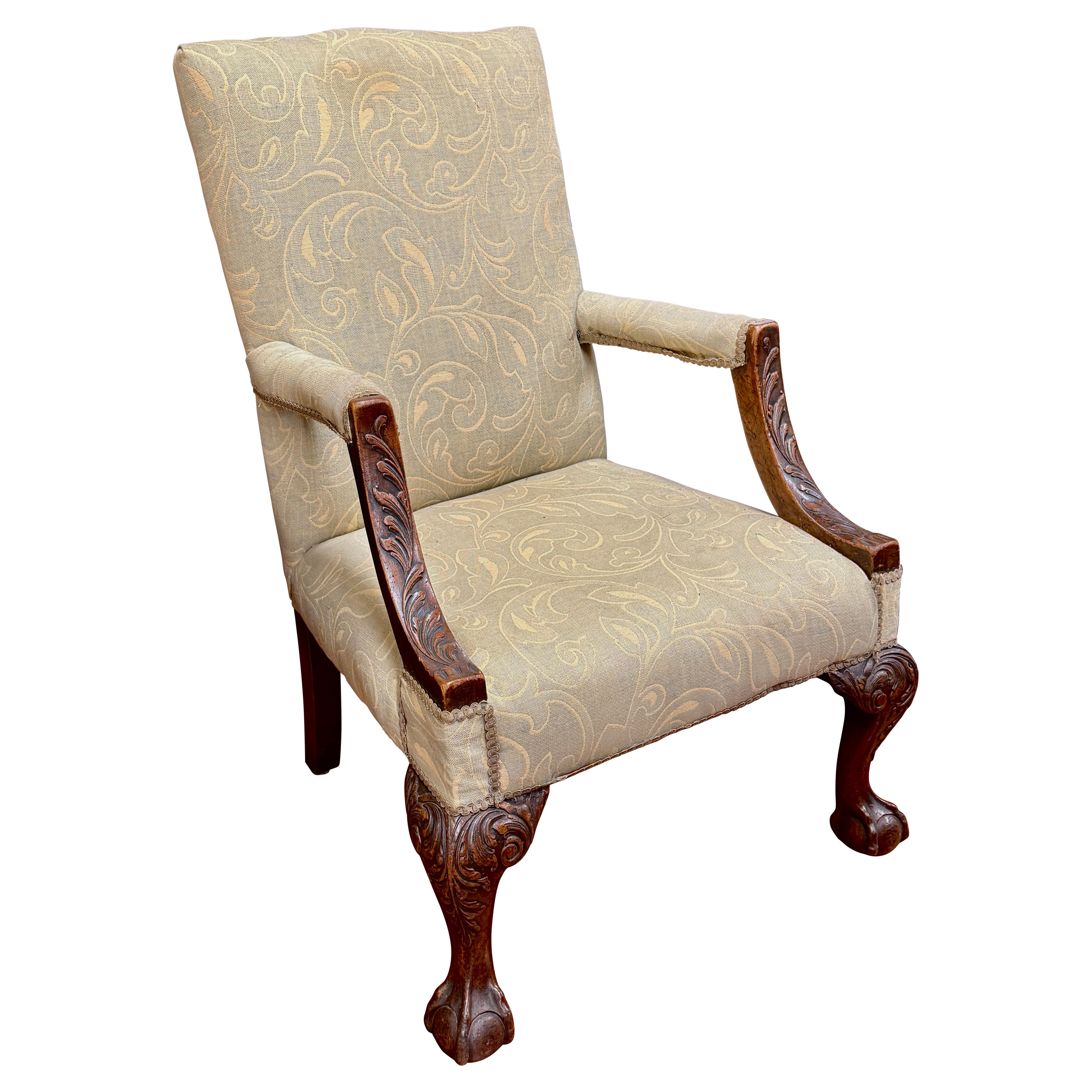 Antique English Mahogany Upholstered Gainsborough Armchair in Chippendale Style