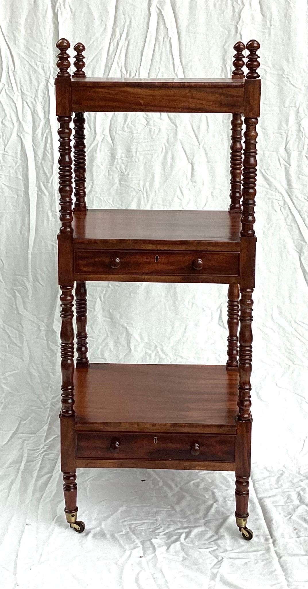 Antique English Mahogany What Not Shelf with Drawers. 42”tall to top of finials 16 wide by 14