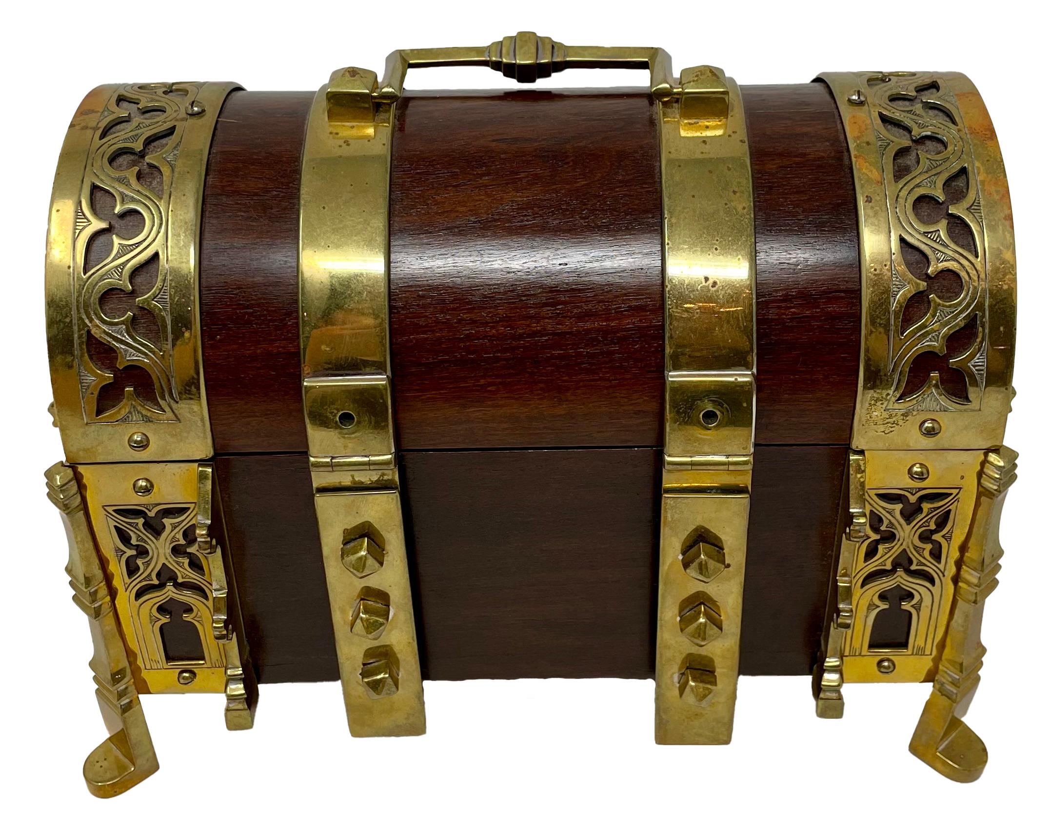 19th Century Antique English Mahogany with Brass Mounts Footed Jewel Box, Circa 1860. For Sale