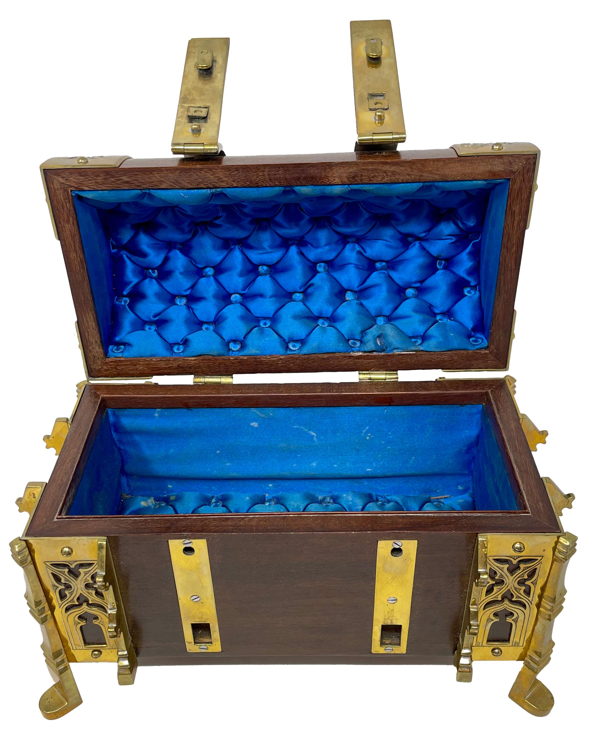 Antique English Mahogany with Brass Mounts Footed Jewel Box, Circa 1860. For Sale 1