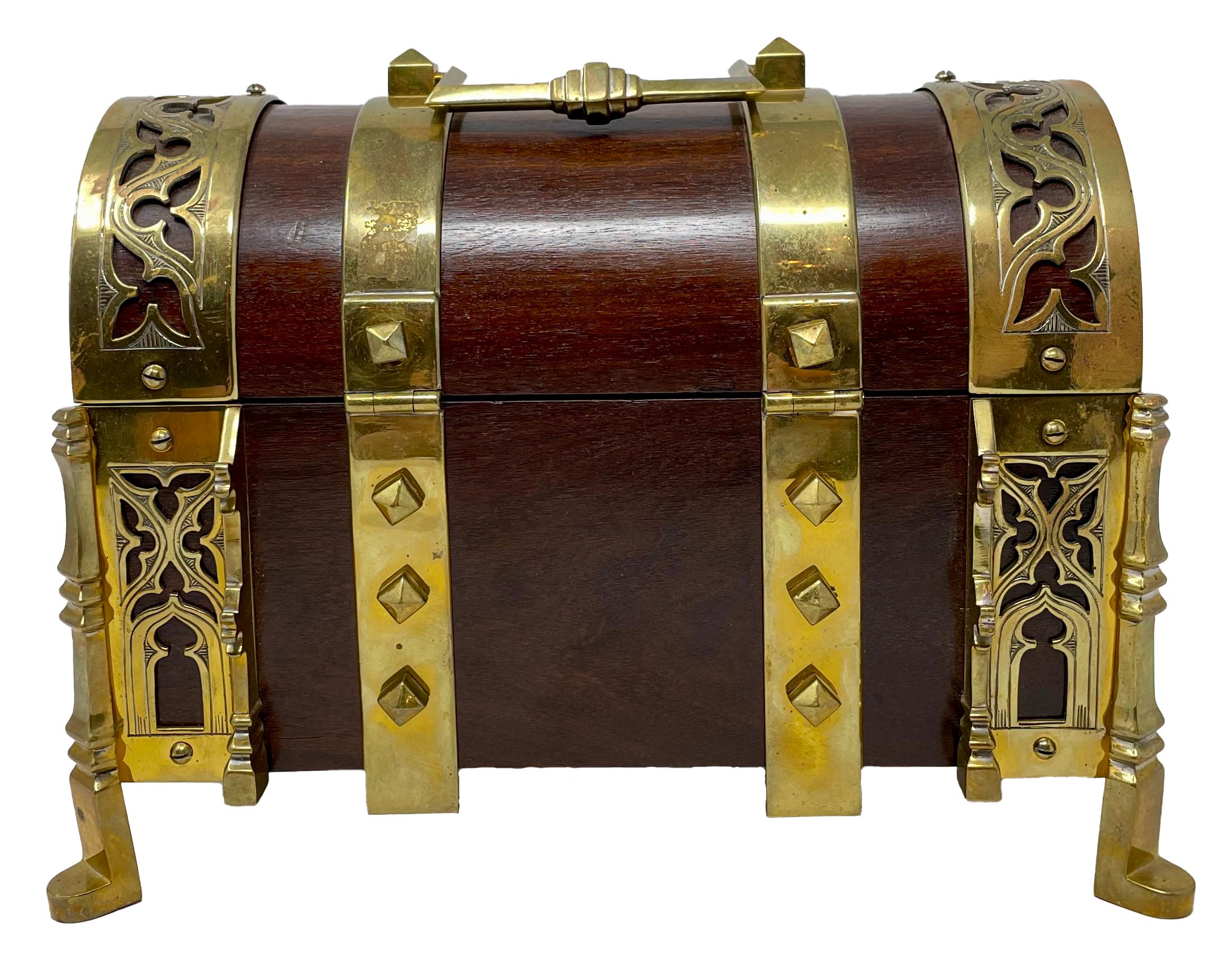 Antique English Mahogany with Brass Mounts Footed Jewel Box, Circa 1860. For Sale 4