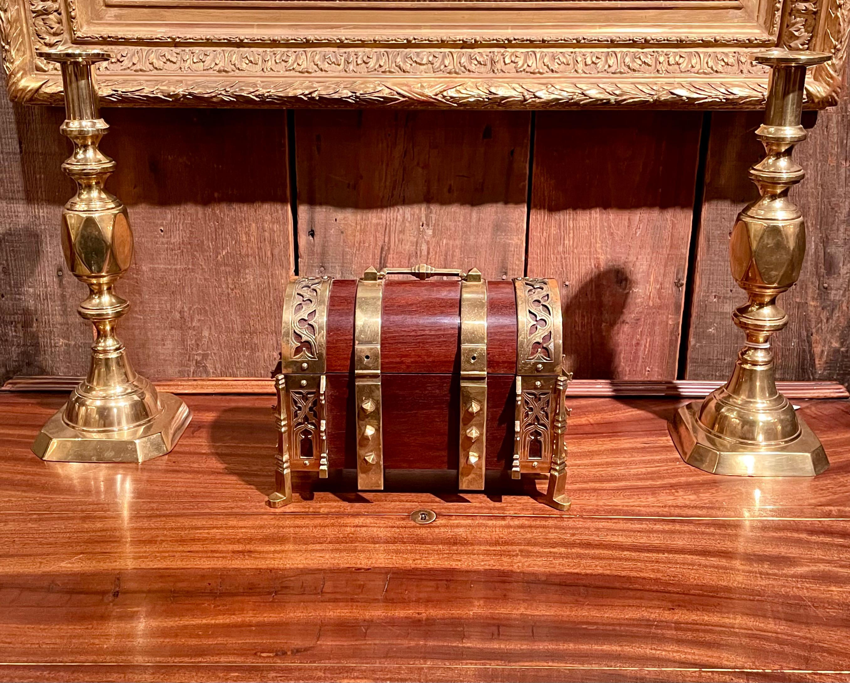 Antique English Mahogany with Brass Mounts Footed Jewel Box, Circa 1860. For Sale 6