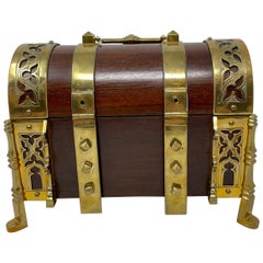 Antique English Mahogany with Brass Mounts Footed Jewel Box, Circa 1860.