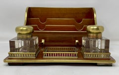 Antique English Mahogany with Brass Trim Inkstand and Letter Holder, Circa 1890.