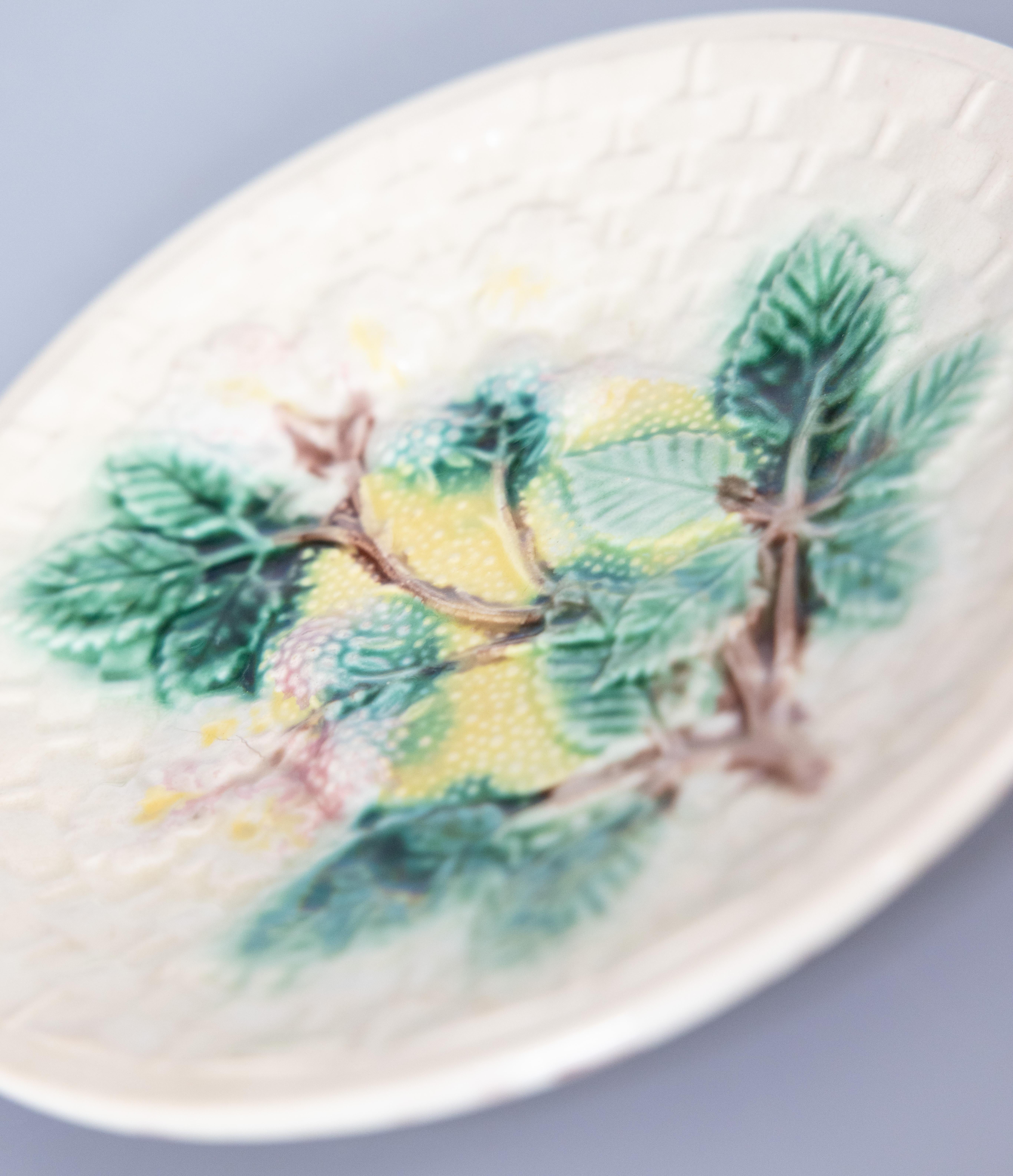 Victorian Antique English Majolica Blackberry & Basketweave Plate For Sale
