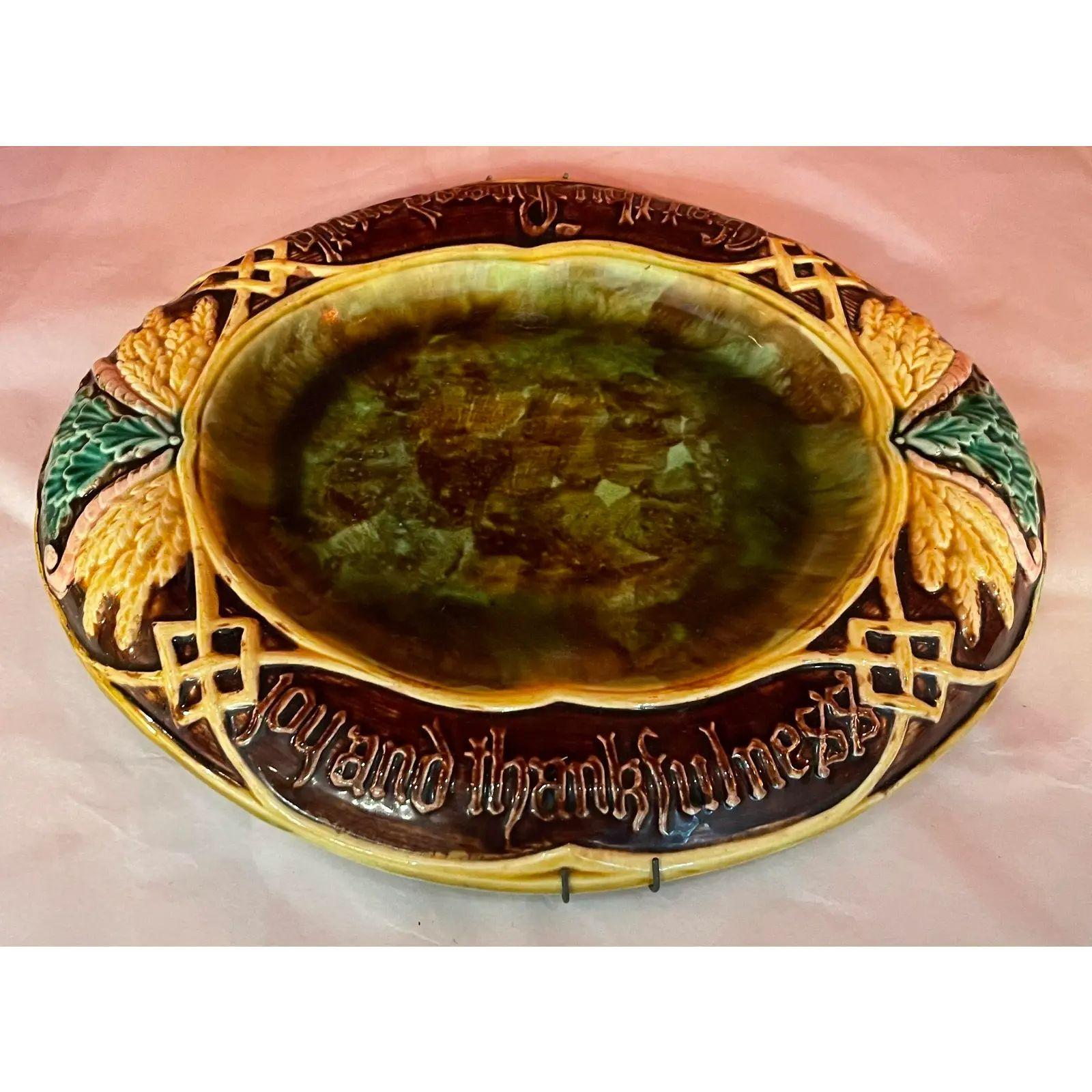 Antique 19th C English Majolica Bread Tray. It would make a fabulous holiday gift as it reads “Eat Thy Bread With Joy & Thankfulness”.

Additional information: 
Materials: Pottery
Color: Brown
Period: 19th Century
Styles: English
Item Type: Vintage,
