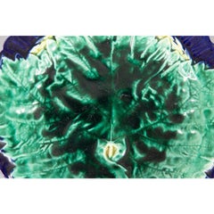 Antique English Majolica Cobalt Blue & Green Grape Leaf Plate