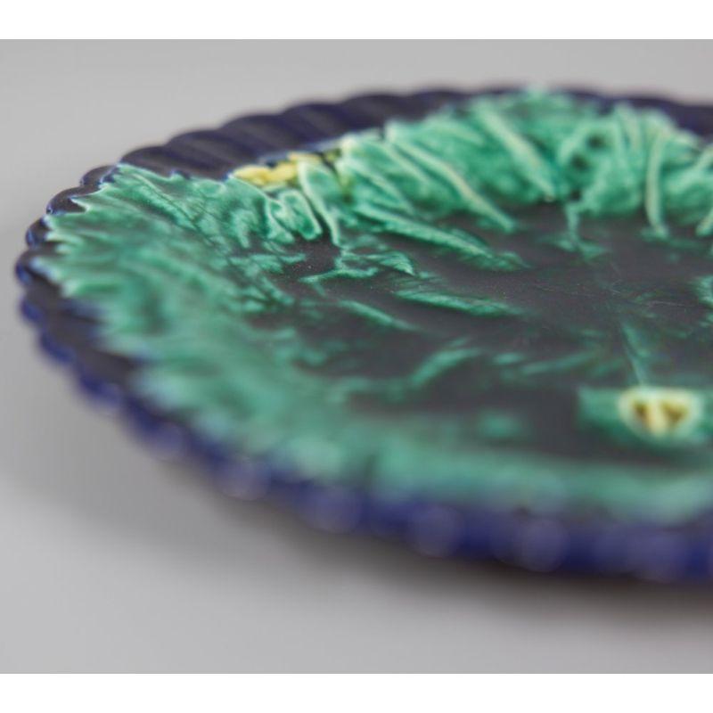 Antique English Majolica Cobalt Blue & Green Grape Leaf Plate In Good Condition In Pearland, TX