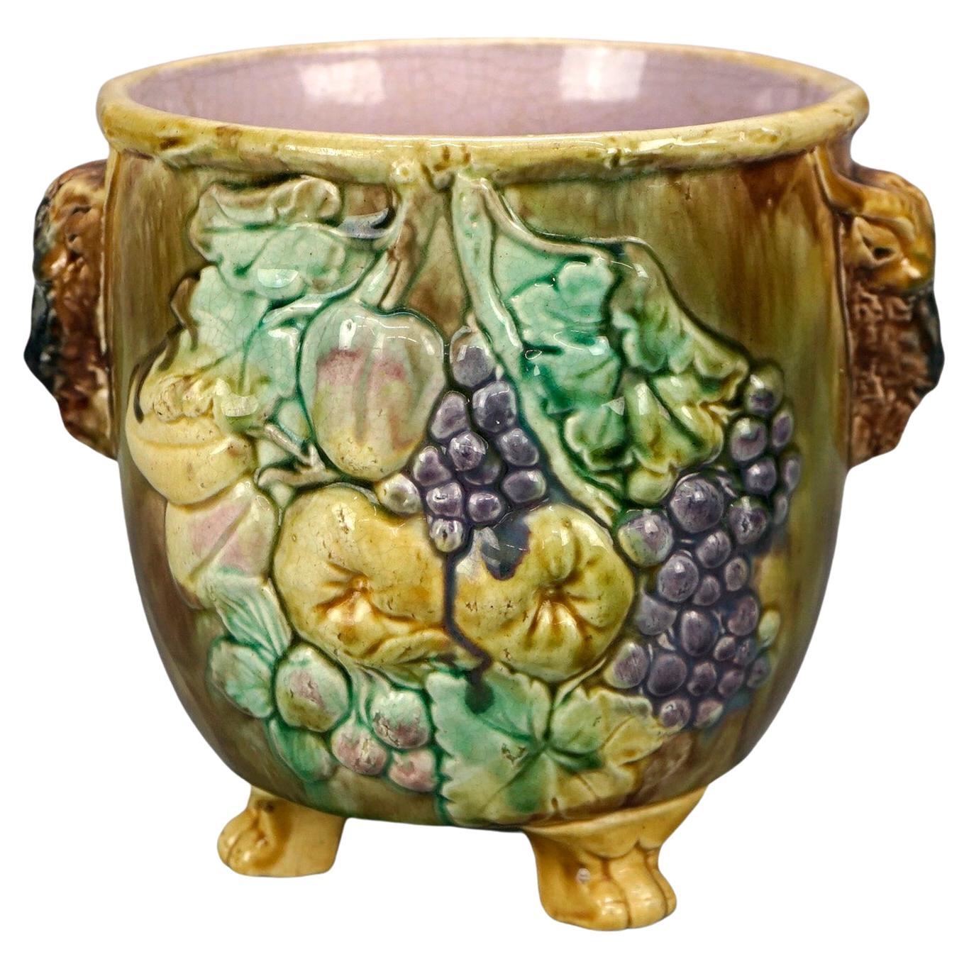  Antique English Majolica Figural Handled & Footed Jardiniere with Fruit 19th C For Sale