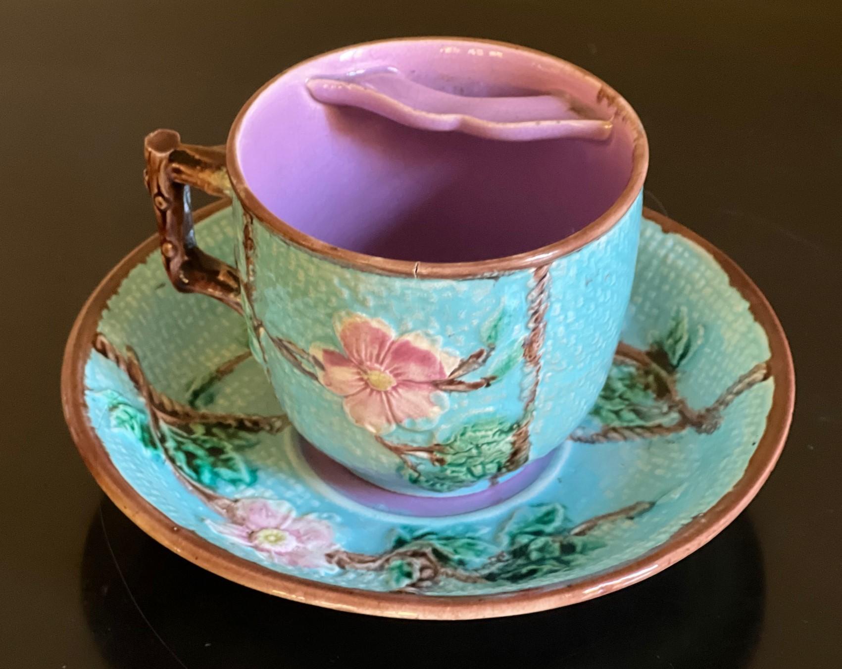 Late Victorian Antique English Majolica Mustache Cup and Saucer, C. 1890