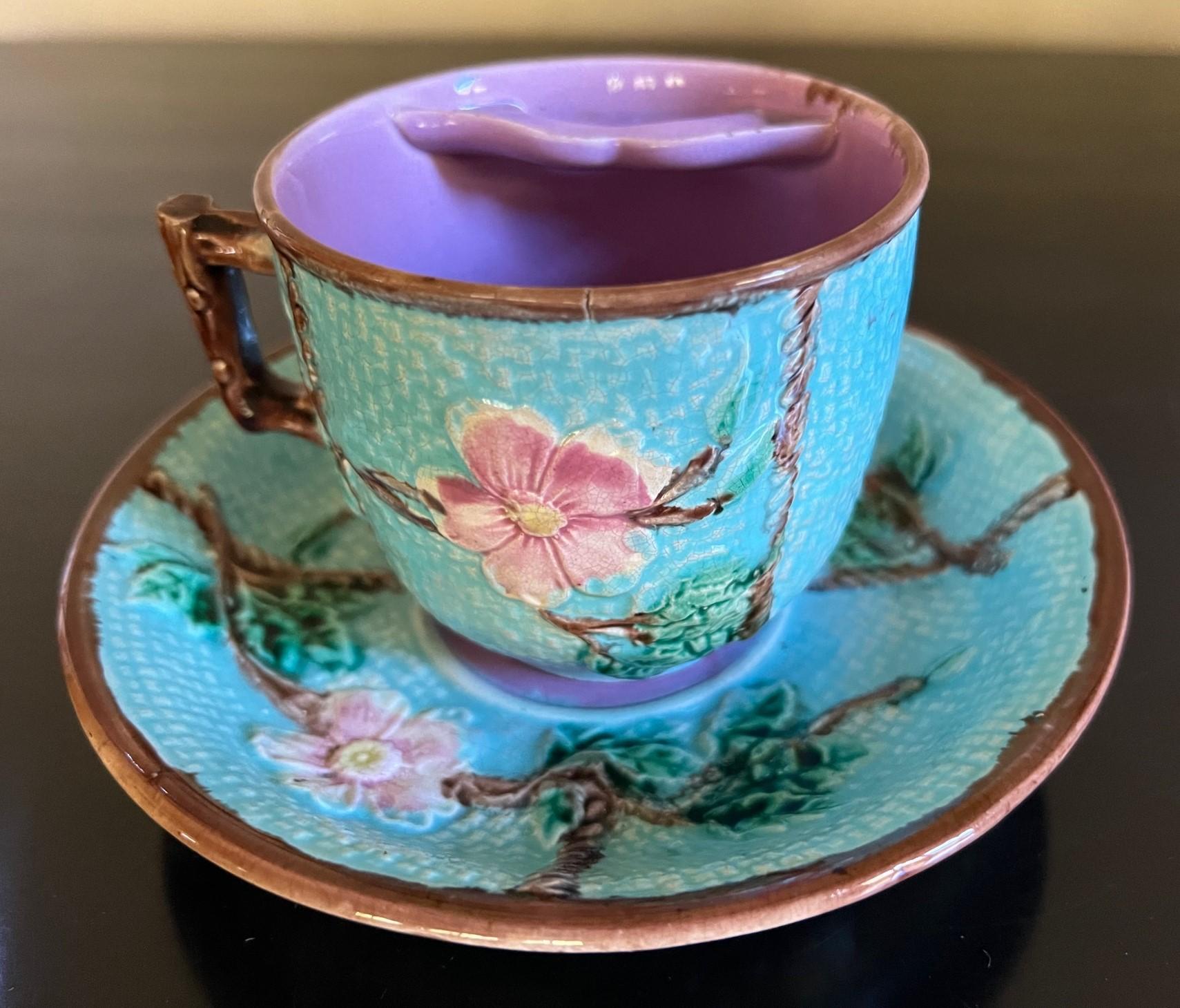 Hand-Painted Antique English Majolica Mustache Cup and Saucer, C. 1890