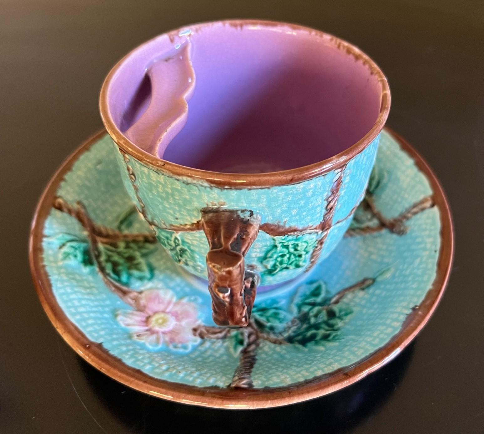 Antique English Majolica Mustache Cup and Saucer, C. 1890 In Good Condition In Ross, CA