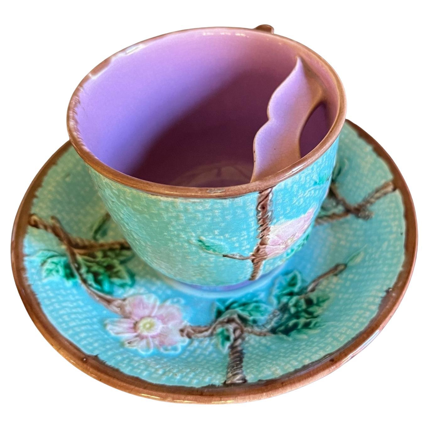 Antique English Majolica Mustache Cup and Saucer, C. 1890