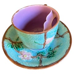 Antique English Majolica Mustache Cup and Saucer, C. 1890