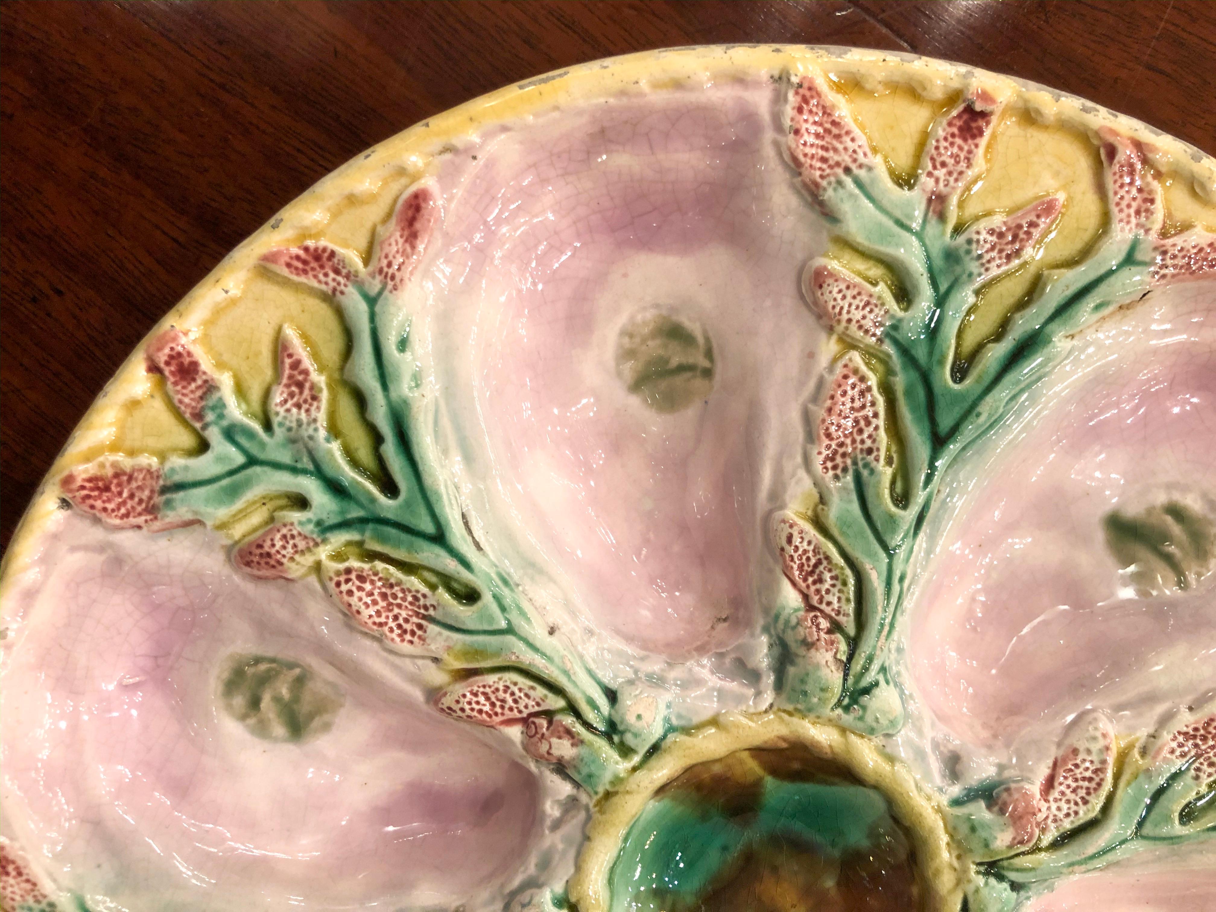 Antique English Majolica oyster plate by S. Fielding, circa 1880.