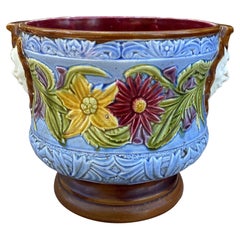 Antique English Majolica Planter Cache Pot Jardiniere Vase Blue Floral Masks