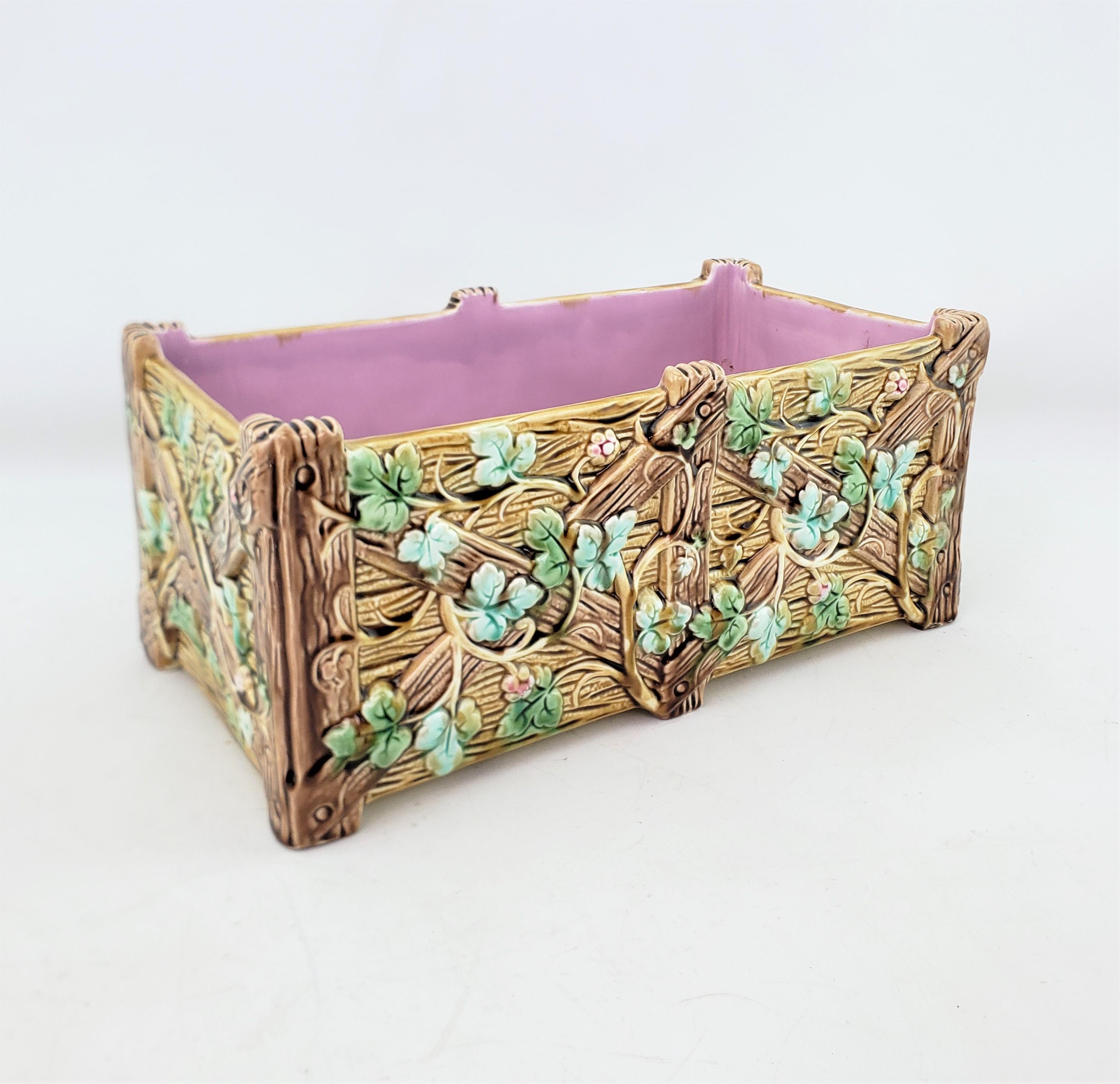 Molded Antique English Majolica Planter or Jardiniere with a Fence & Vine Motif For Sale