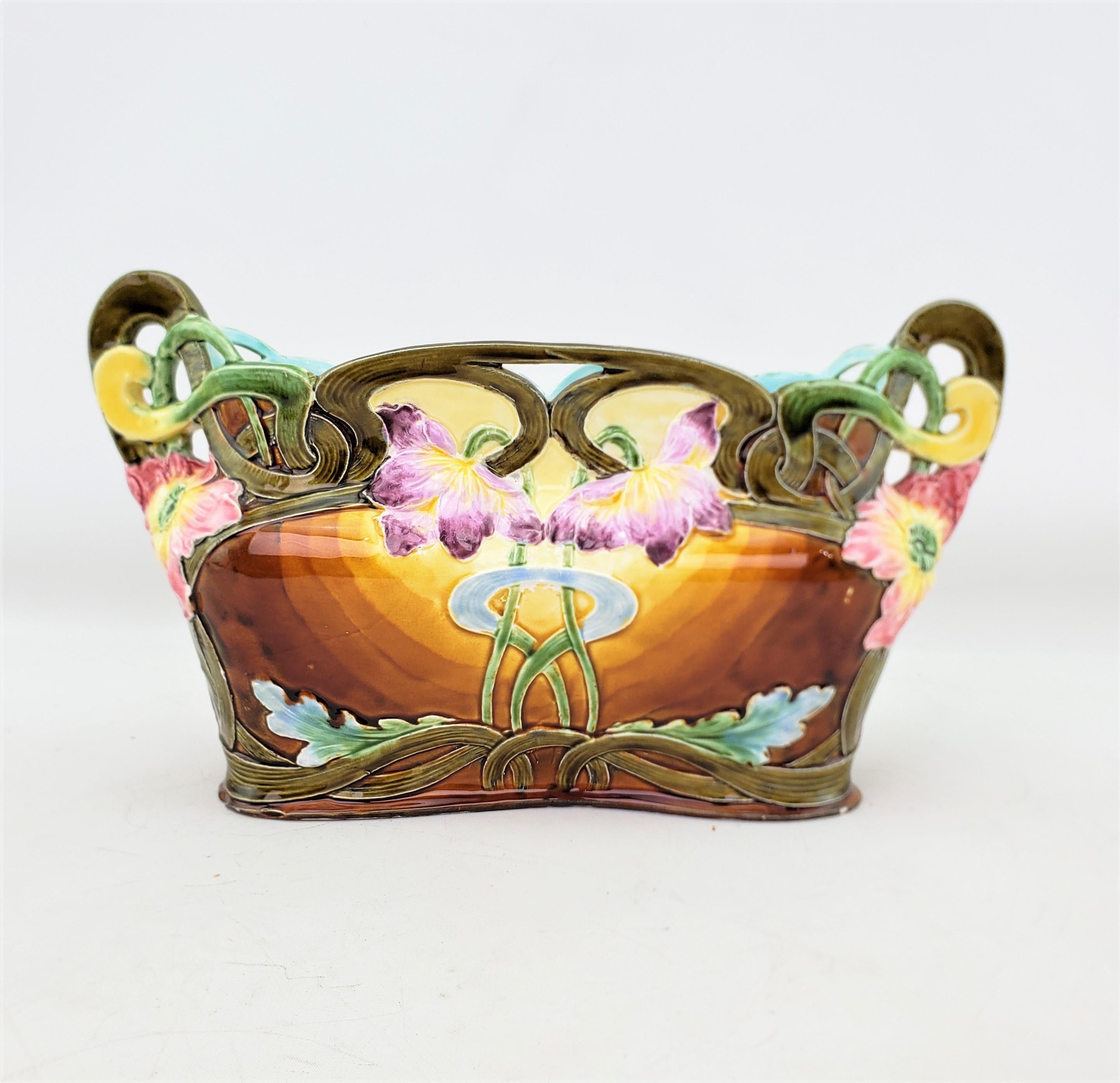 Molded Antique English Majolica Planter or Jardiniere with Floral Decoration For Sale