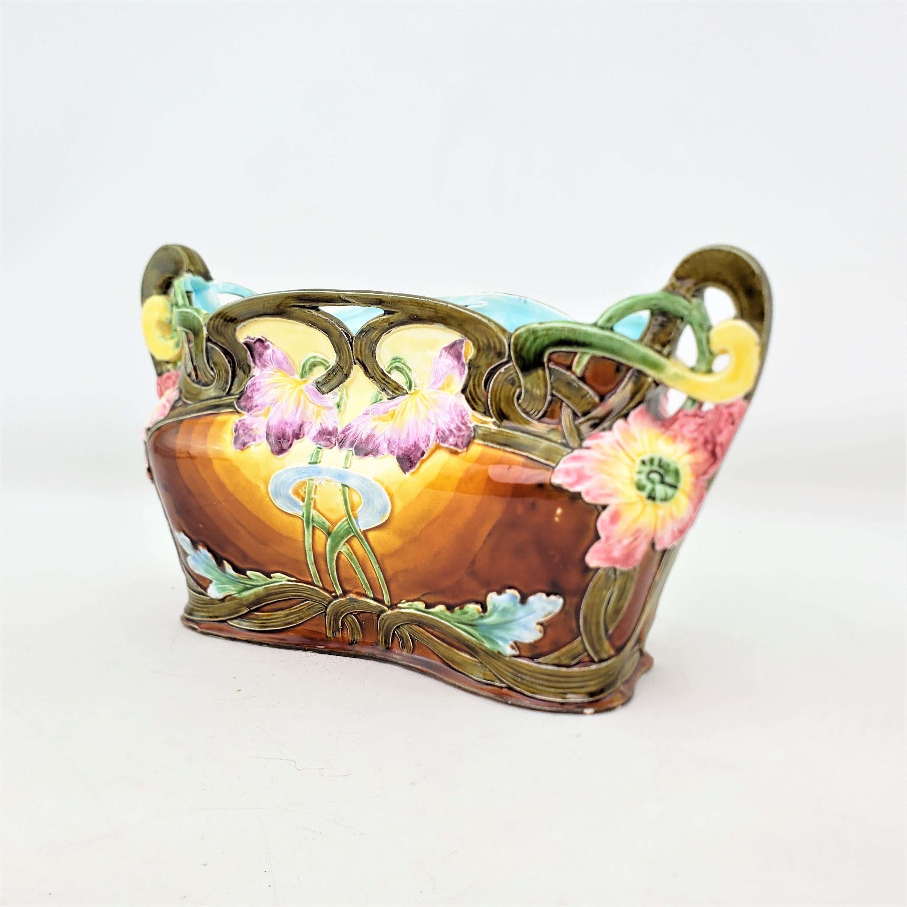 19th Century Antique English Majolica Planter or Jardiniere with Floral Decoration For Sale