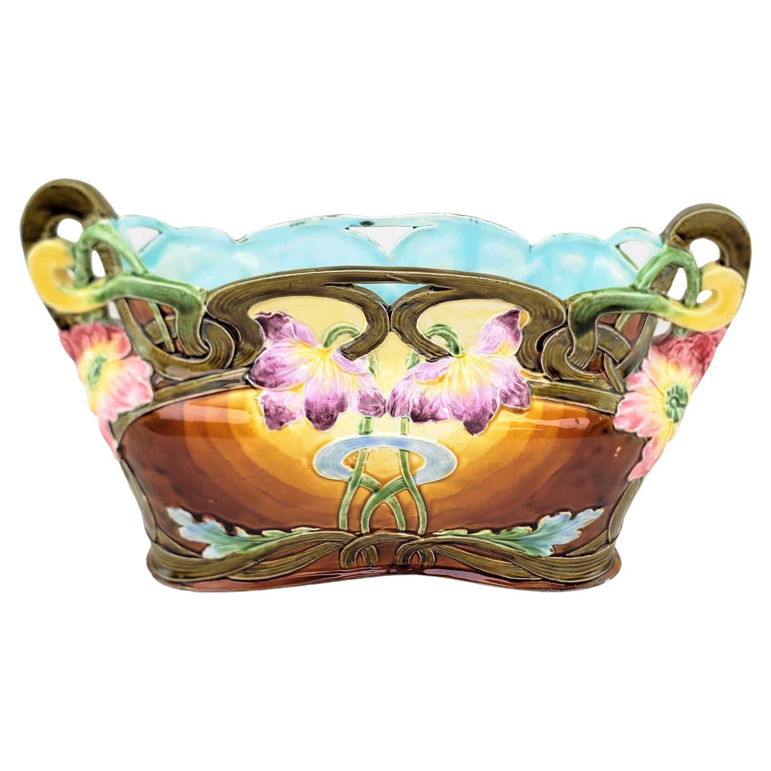 Antique English Majolica Planter or Jardiniere with Floral Decoration For Sale