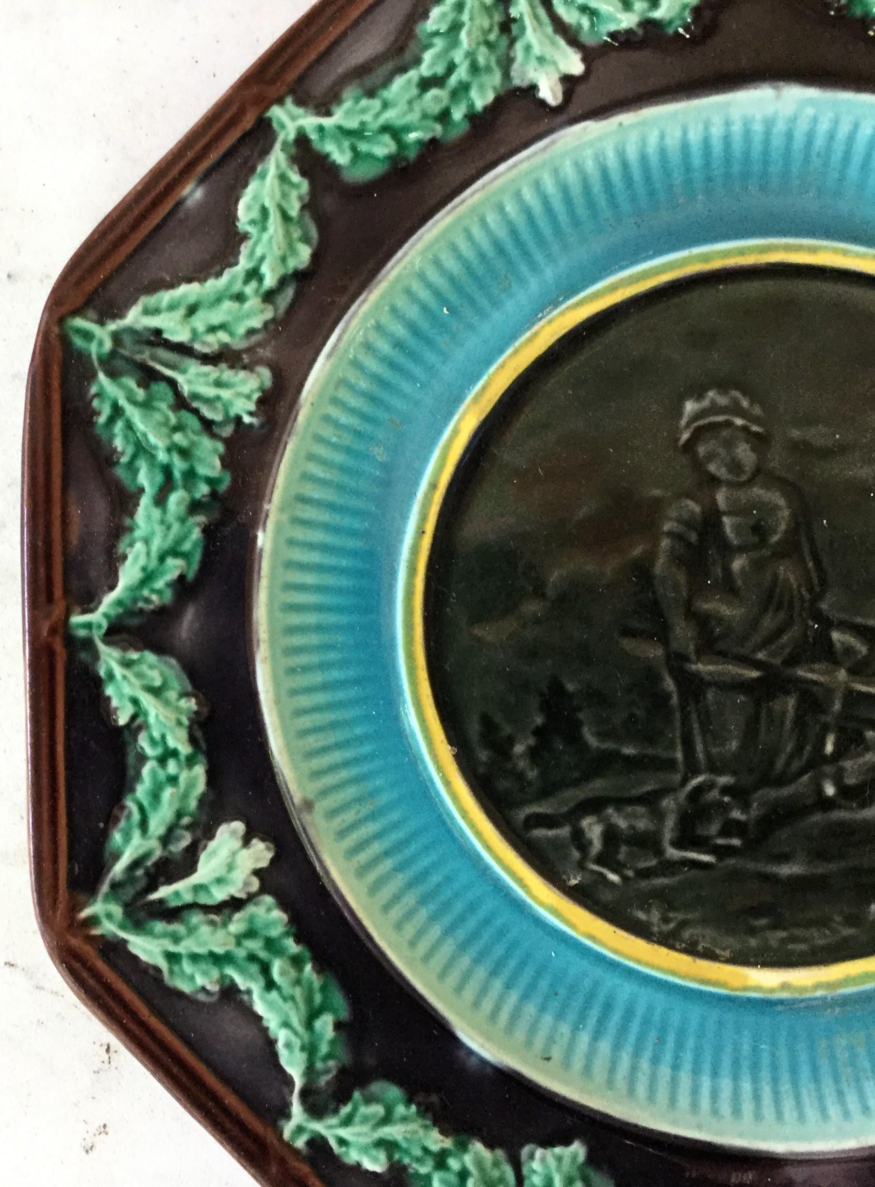 Victorian Antique English Majolica Plate Woman with Wheelbarrow, circa 1890