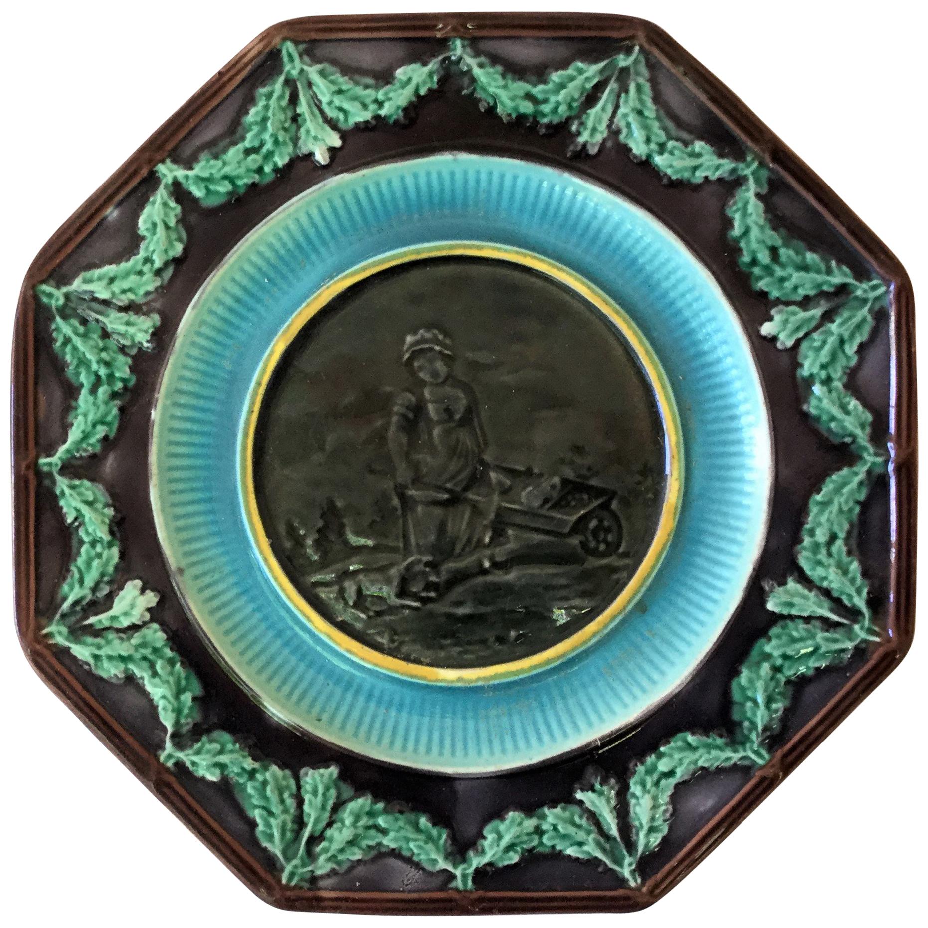 Antique English Majolica Plate Woman with Wheelbarrow, circa 1890