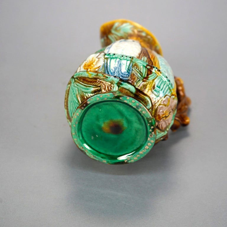 Antique English Majolica Pottery Pitcher with Birds and Twig Handle