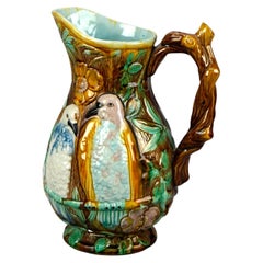 Antique English Majolica Pottery Pitcher with Birds & Twig Handle, Circa 1890