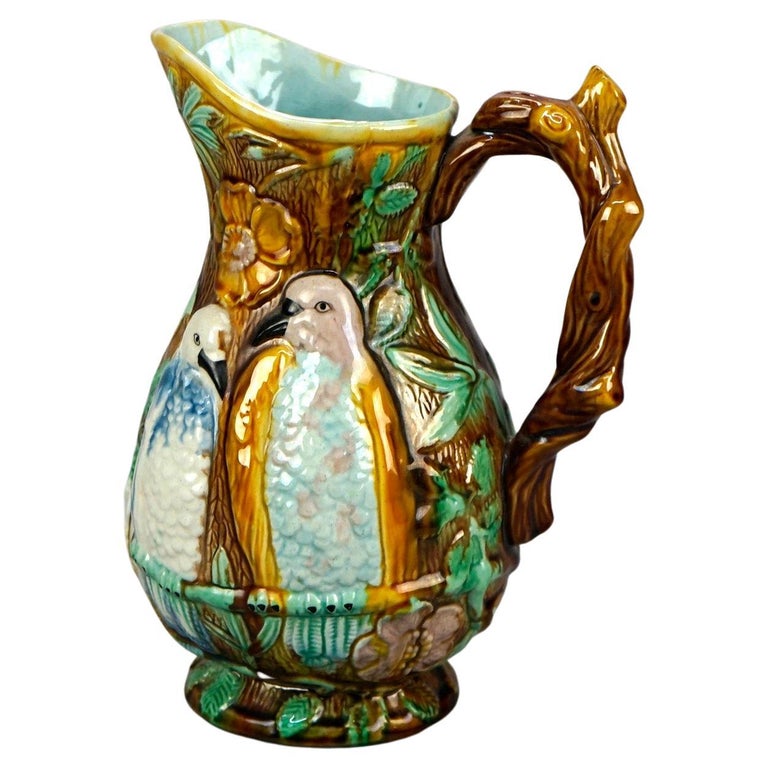 Antique English Majolica Pottery Pitcher with Birds and Twig Handle