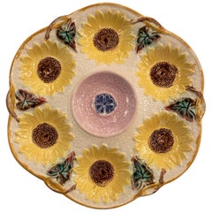 Ancienne assiette à huître en majolique anglaise "Samuel Lear" Art Nouveau Tournesol